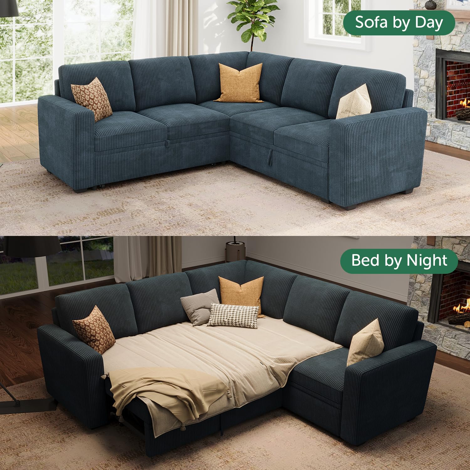 HONBAY Modular Sectional Sleeper Couch with Pull Out Bed, Corduroy L ...