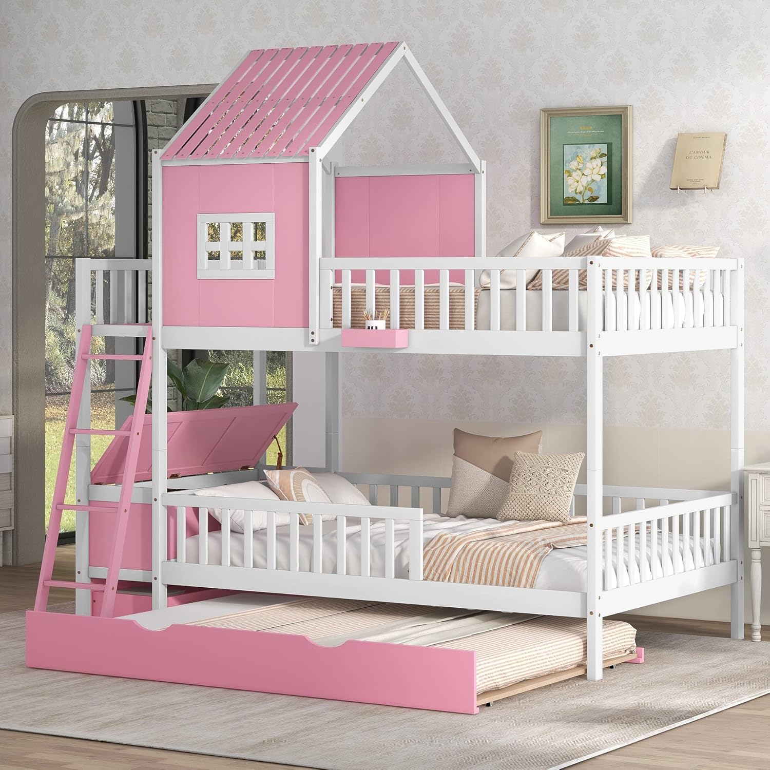 Farmhouse Style Full over Full House Bunk Bed with Twin