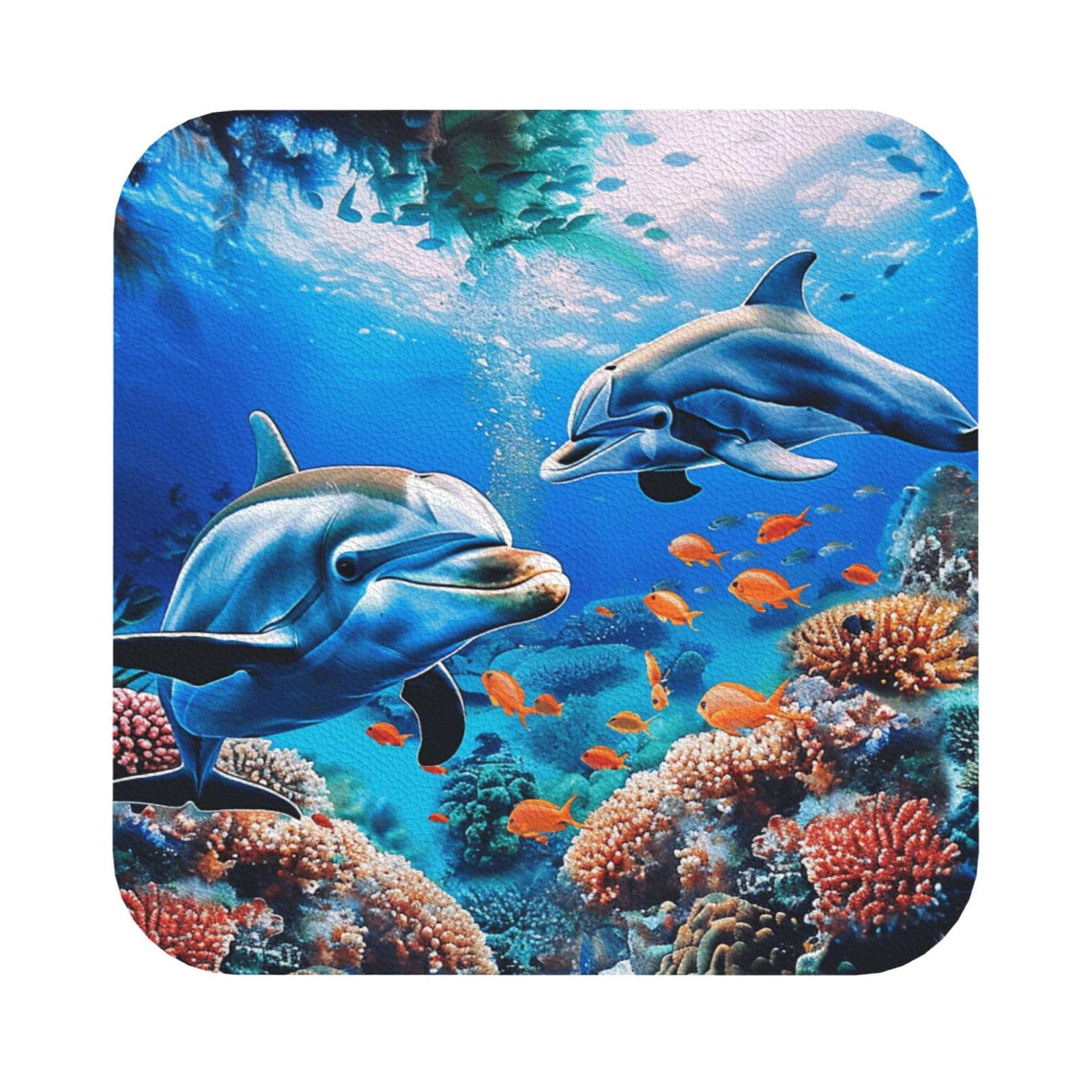 Beautiful Underwater World Dolphins Coral Print Leather Coaster Set of 6, Square Coasters Table Decorative Coffee Cup Beverage Coasters Wine Beer Bar Coasters for Hot Drinks Table Protection