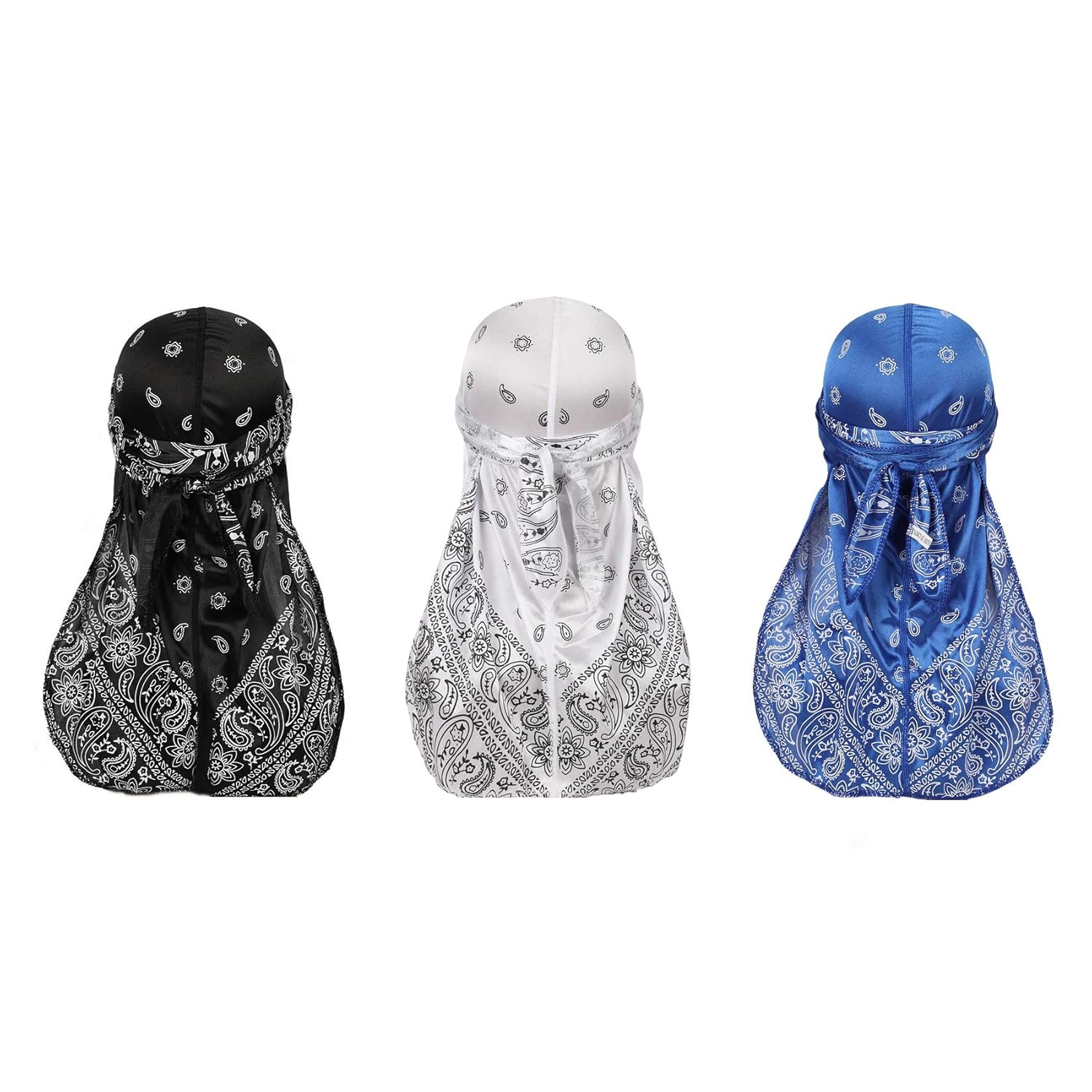 Deepth 3PCS Paisley Silky Durags Pack for Men Satin Doo Rag Black White Royal Blue