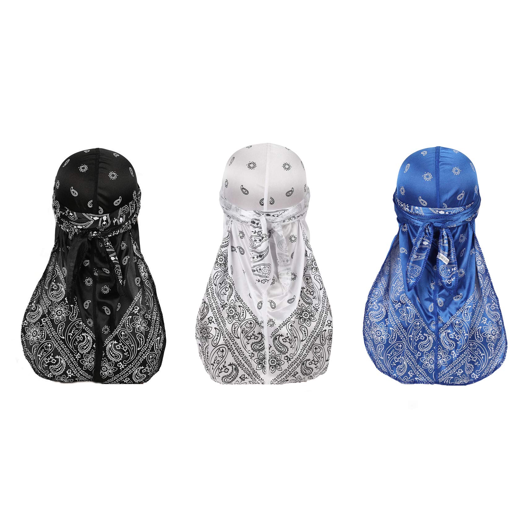 Deepth 3PCS Paisley Silky Durags Pack for Men Satin Doo Rag Black White Royal Blue
