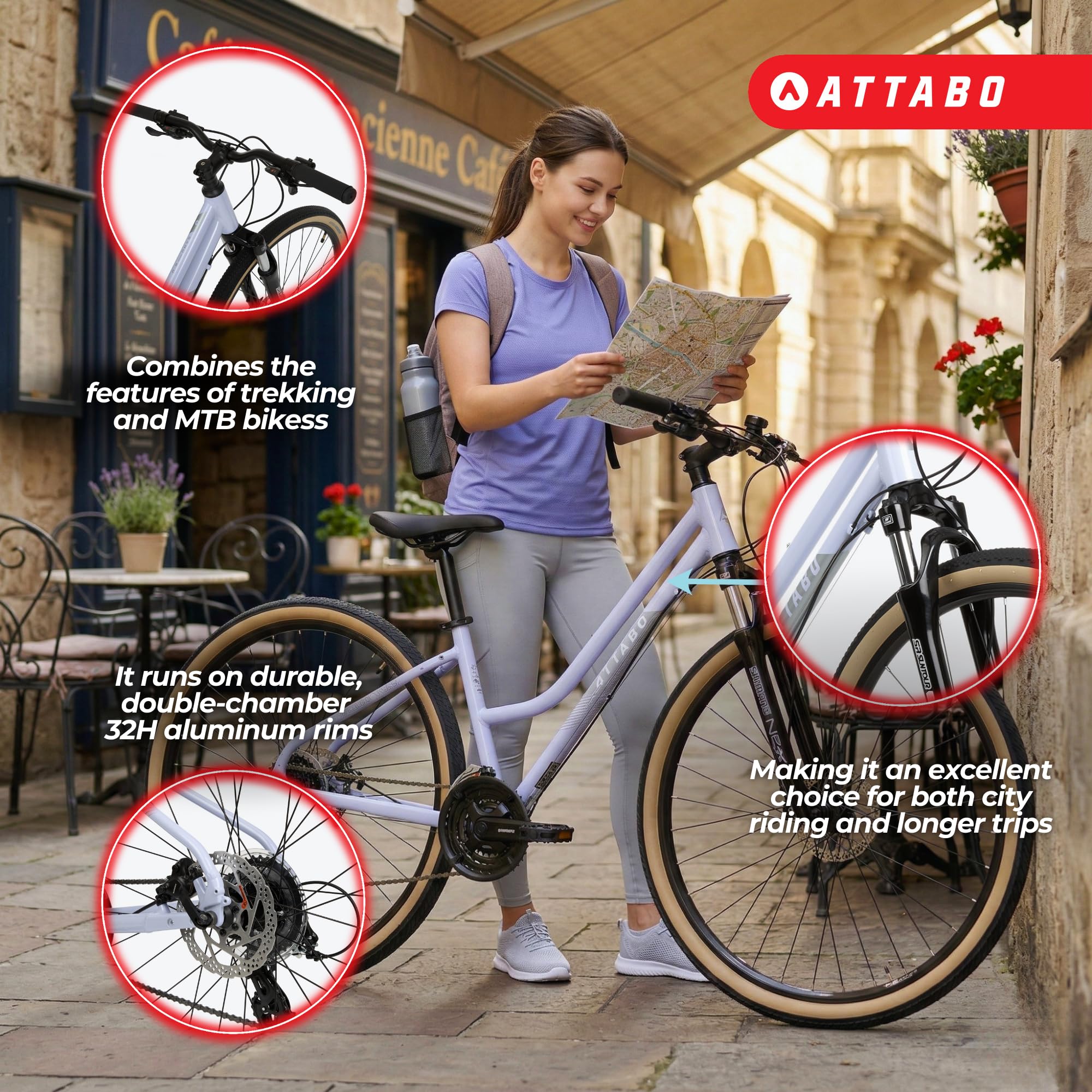 ATTABO SANO 3.0 Damen Crossbike 28 Zoll, Aluminiumrahmen, 24-Gang Shimano Schaltung, SR Suntour Federgabel, hydraulische Scheibenbremsen