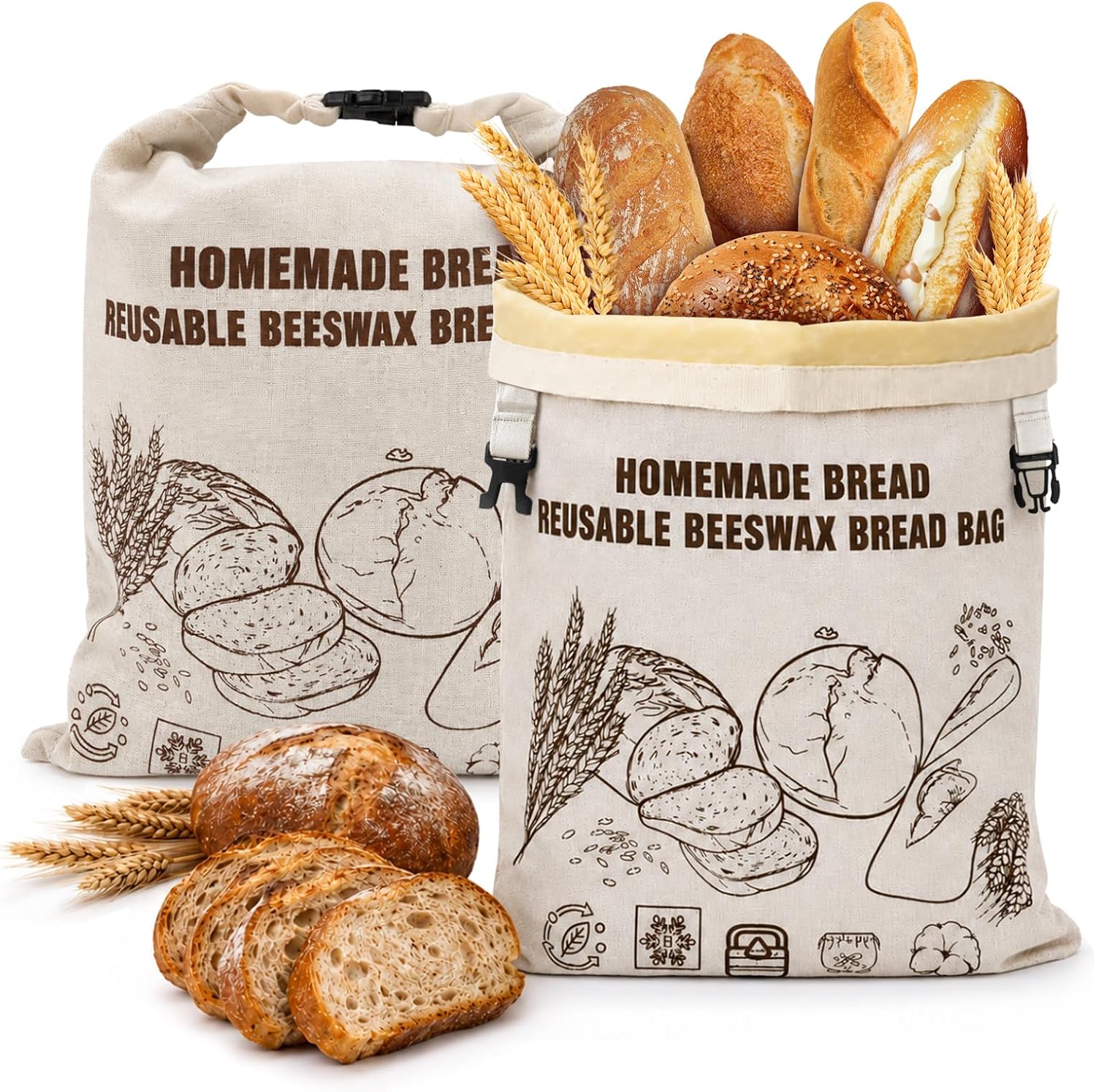 2 Pack Reusable Beeswax Bread Bags for Homemade Bread, Sourdough Bread Bags, Beeswax Linen Cotton Sourdough Bag, Food Storage Bags, Freezer Safe Airtight keep fresh, Eco-Friendly Zero Waste