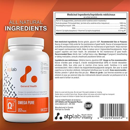 Miniatura 6 de ATP LAB - Omega Pure 120 cápsulas blandas - Aceite de pescado Omega 3 Triglicérido Forma - Ácidos grasos Omega 3 - Omega 3 EPA DHA - Salud cerebral