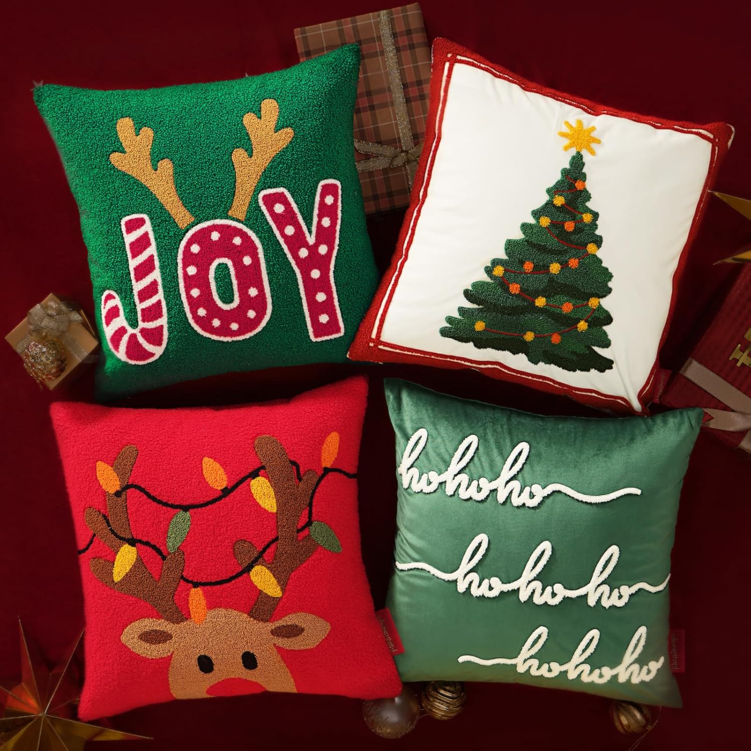 Phantoscope Pack of 4 Christmas Throw Pillow Covers, Plush Sherpa Fleece Reindeer Cushion Soft Velvet Xmas Tree Decorative Pillows for Couch, Green and Red, 18 x 18 inch