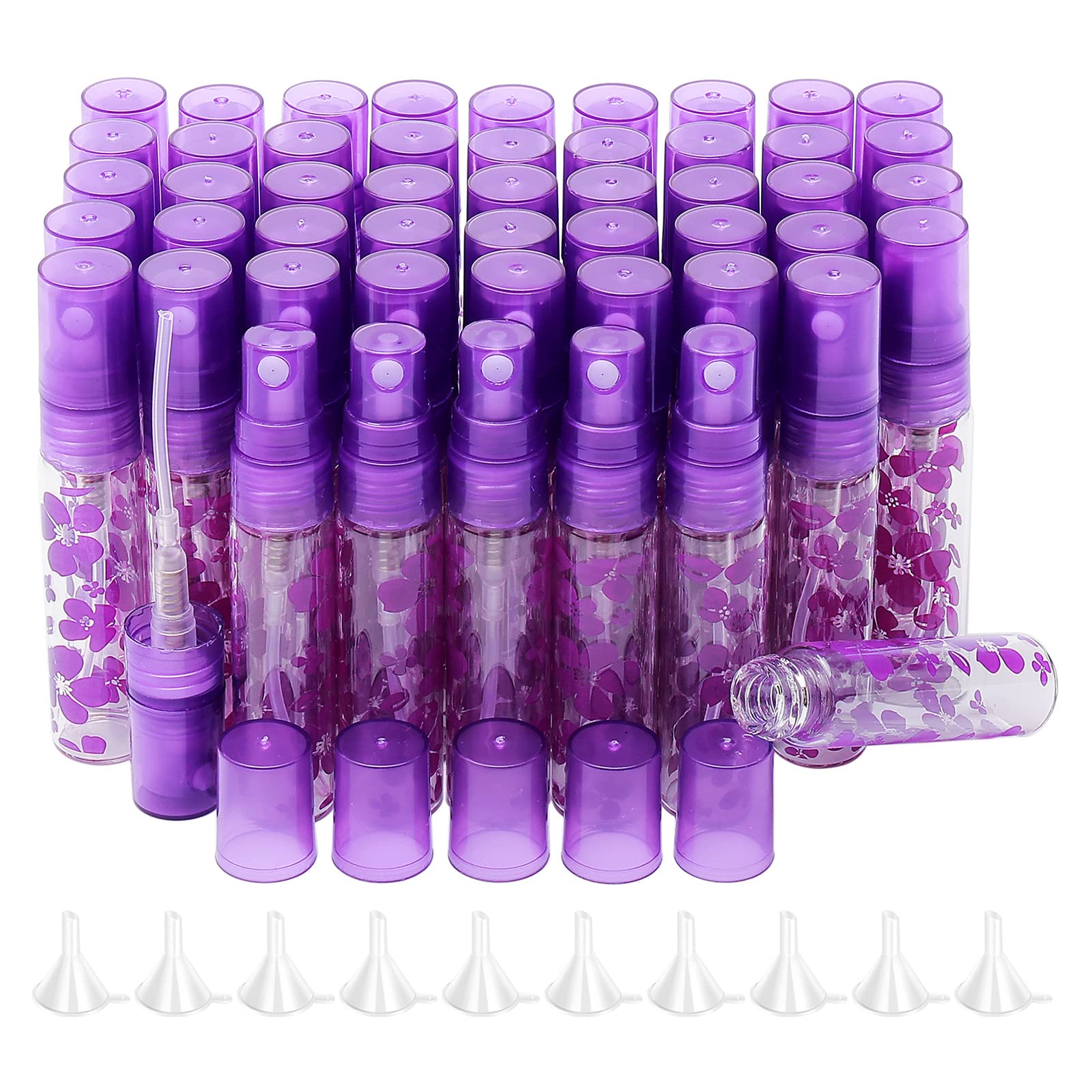 Rowiz Purple 50Pcs 5Ml Glass Spray Bottles With Funnel Empty Mini Perfume Bottle Sample Spray Bottles Set Small Fine Mist Atomizer Sprayer Vials For Essential Oils,
