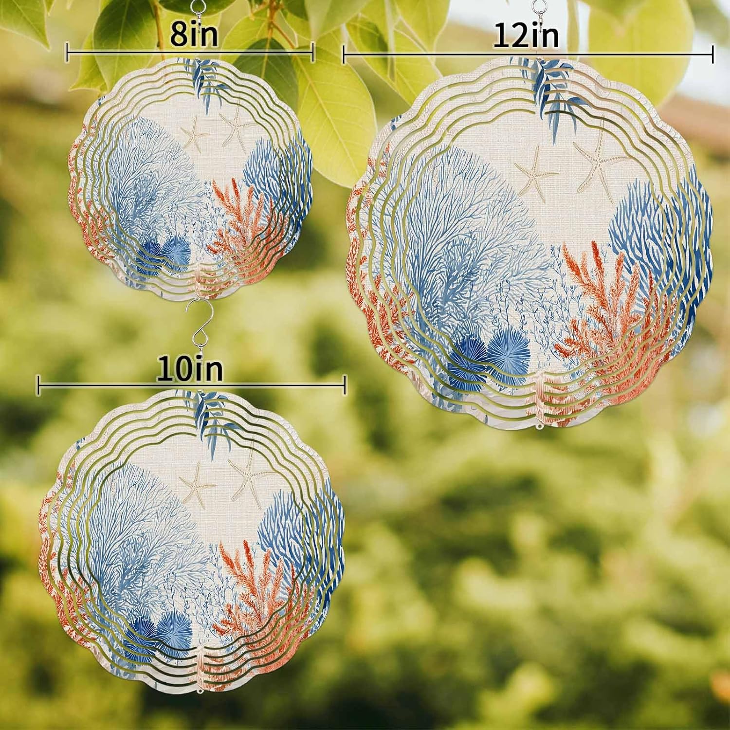 Summer Coral Starfish Wind Spinner for Garden Yard 3D Stainless Steel Hanging Wind Spinners, Ocean Creature Retro Linen Spinners Outdoor Metal Decor for Lawn Patio Home