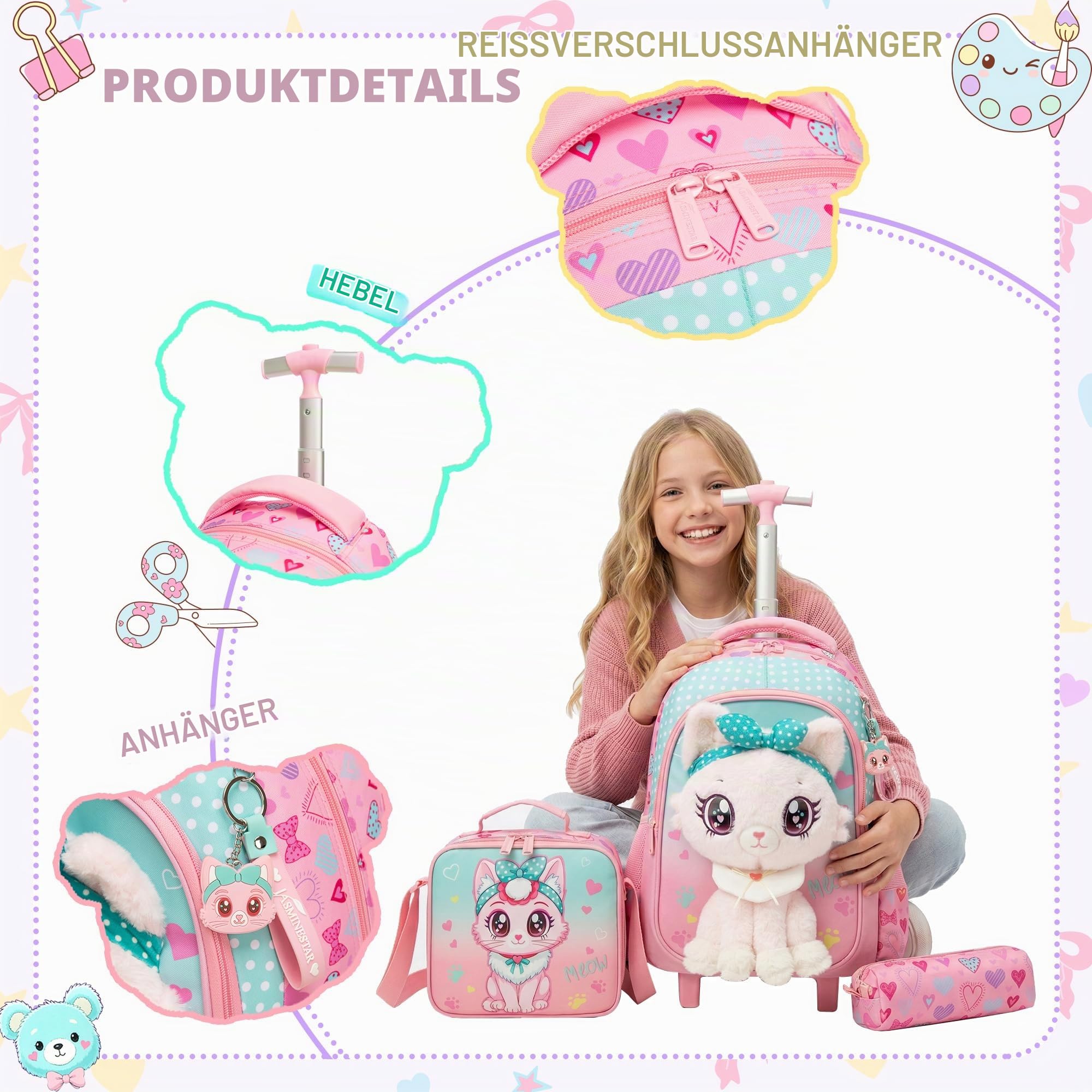 HTgroce Schulrucksack Trolley Mädchen (Süße Katze) – Schulranzen mit Rollen & Kinderkoffer – Schultasche für Grundschule (1. & 2. Klasse) & Reisen