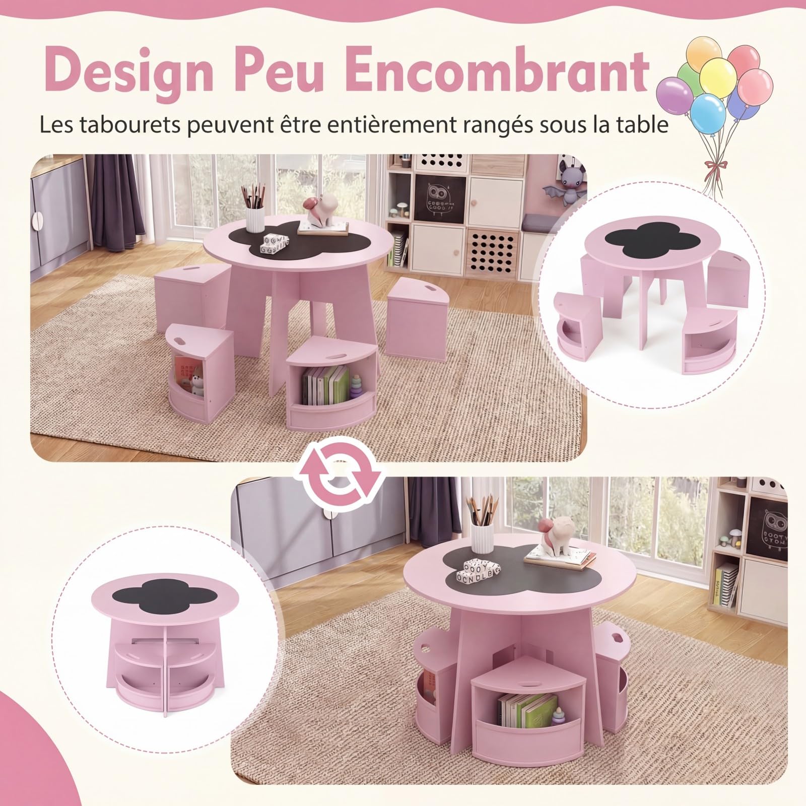 COSTWAY Table Enfant avec 4 Chaises Empilables, Table et Chaises Montessori en Forme Fleur, Espace de Rangment Intégré, Bureau Ronde pour Salle de Jeux Chambre d'enfant, Charge 30kg pour 3 Ans+ (Rose)