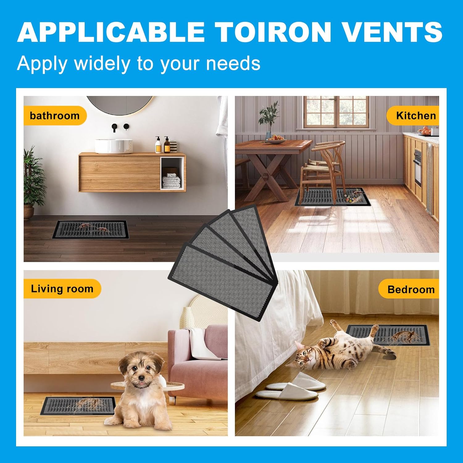 DIY Vent Cover Kit, 13.8"x11.8" Mesh Screen (4 Packs) & 16.4FT Strong Residue-Free Adhesive Tape, Bonds to Wood/Plastic & More（Black）