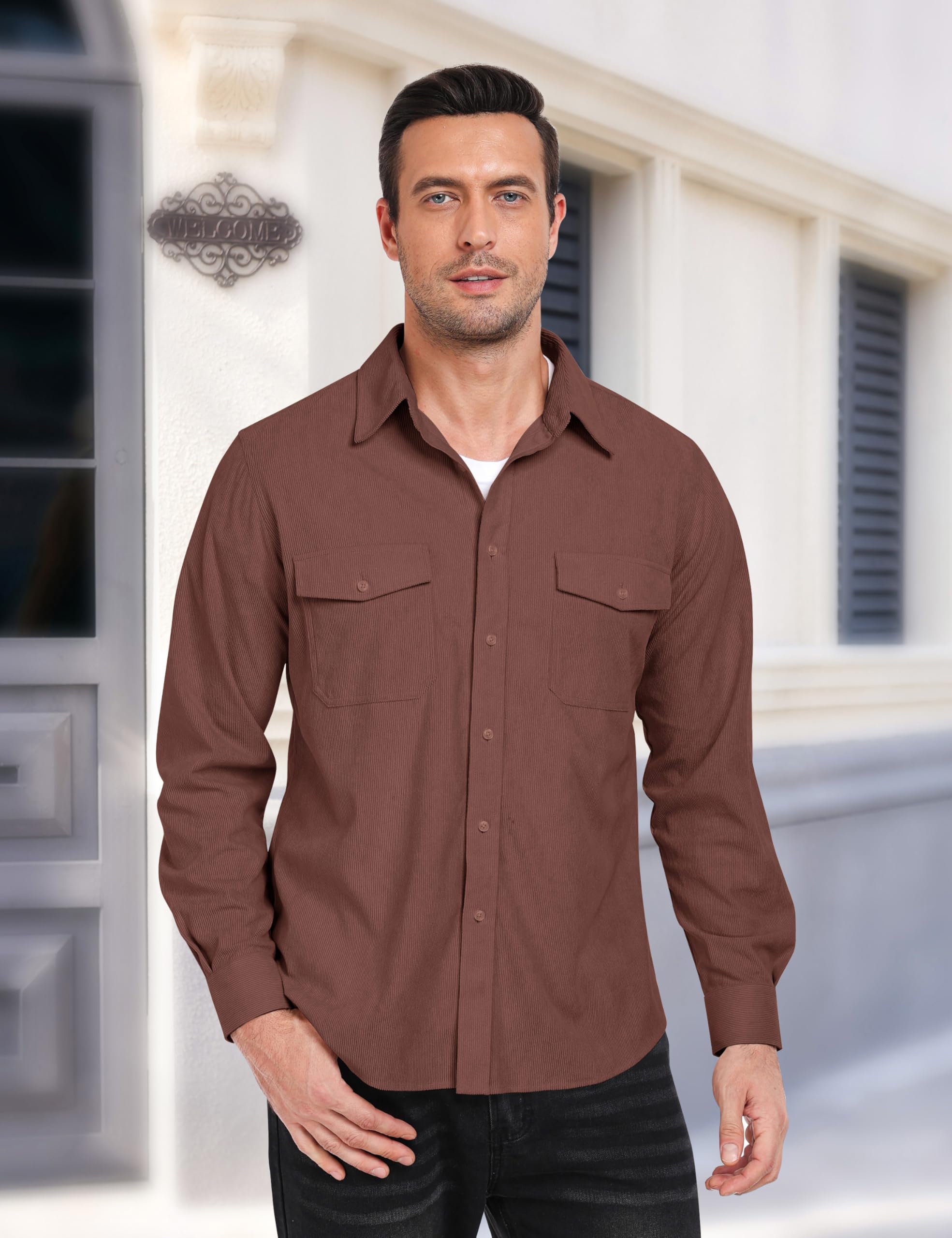 MoFiz Chemise en Velours Côtelé Homme Veste Chemise Boutonnée à Manches Longues Chaude Décontracté Haut Automne Hiver avec Poches
