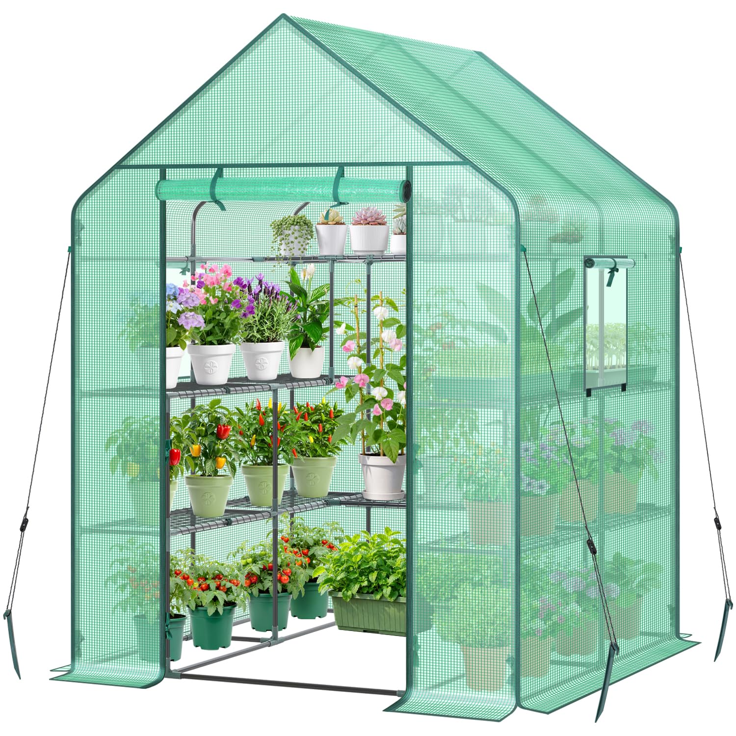 Greenhouse for Outdoors with Screen Windows, Ohuhu Upgraded 4 Tiers 11 Shelves Walk-in Greenhouses with Durable PE Cover, Outside Garden Plastic Green House with Ground Pegs &amp; Ropes for Stability