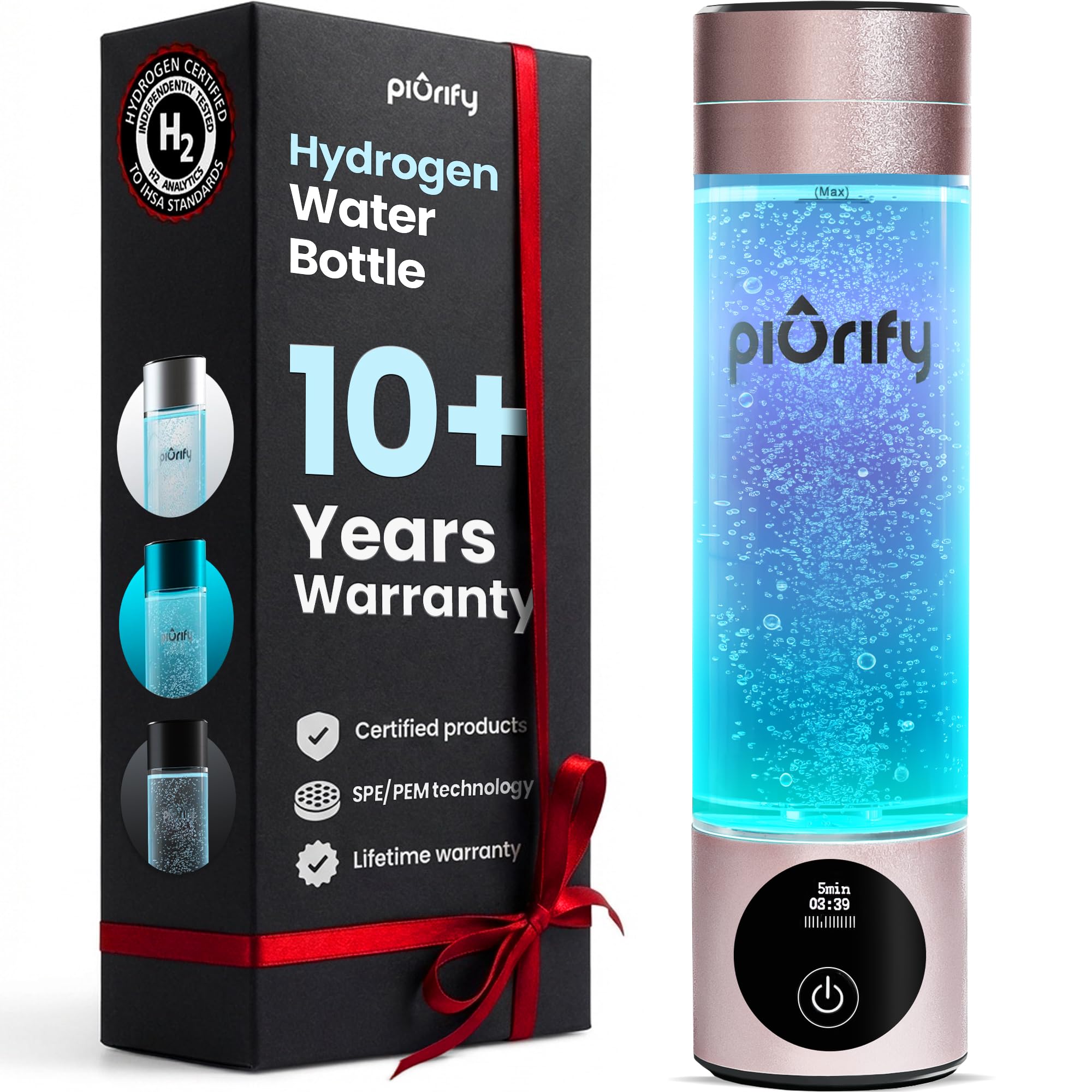 PIURIFY Hydrogen Water Bottle Generator | Up to 6300+ PPB in 3 Cycles | Molecular Hydrogen with SPE/PEM Technology | Certified H2 Generator | Rechargeable | Extended Warranty | 10 oz (Pink)