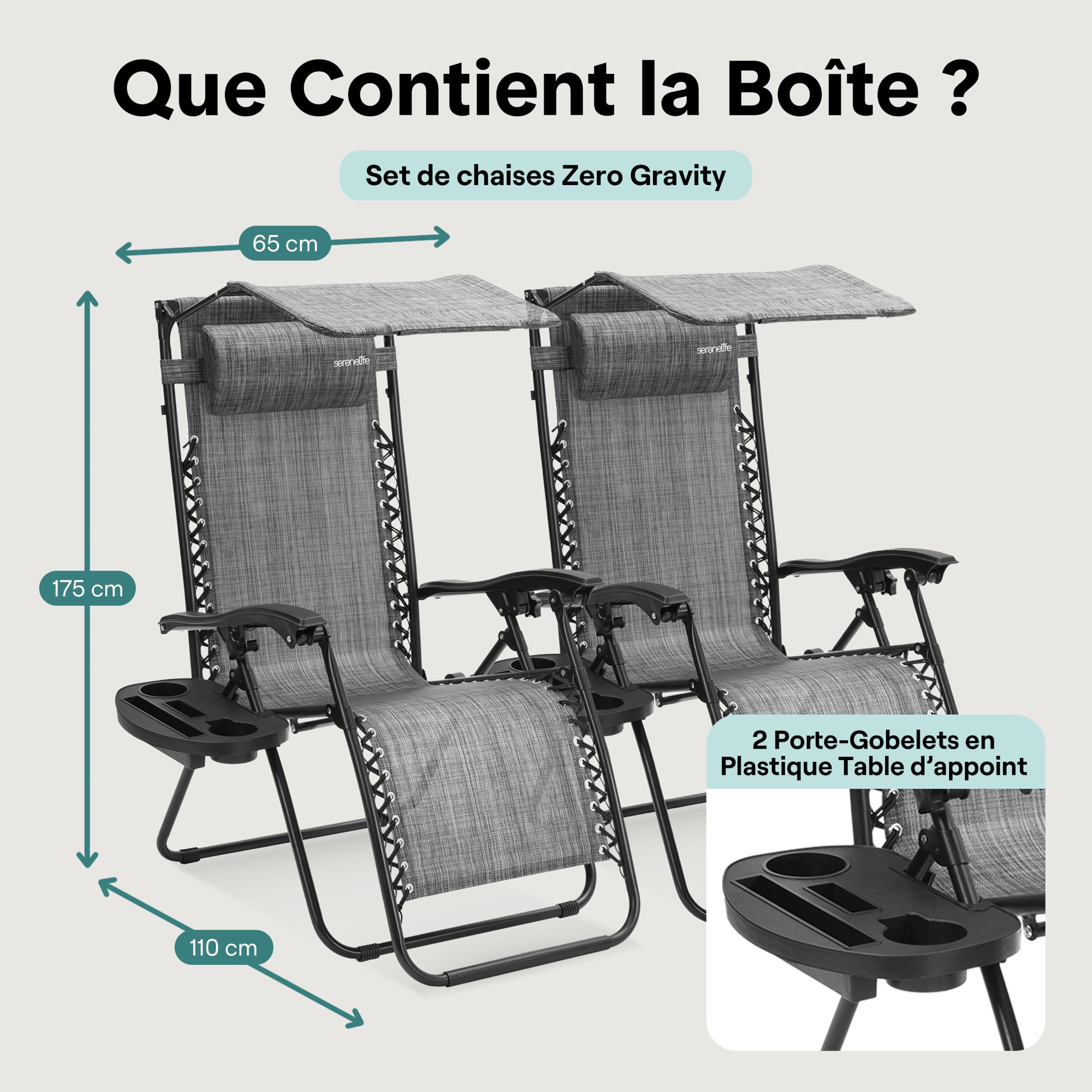 SereneLife Set de 2 Chaises Pliantes - Chaise Longue Réglable pour Extérieur avec Table Latérale, Visière Pare-Soleil, Porte-Gobelets, Oreillers Amovibles - Patio, Jardin, Plage - Gris