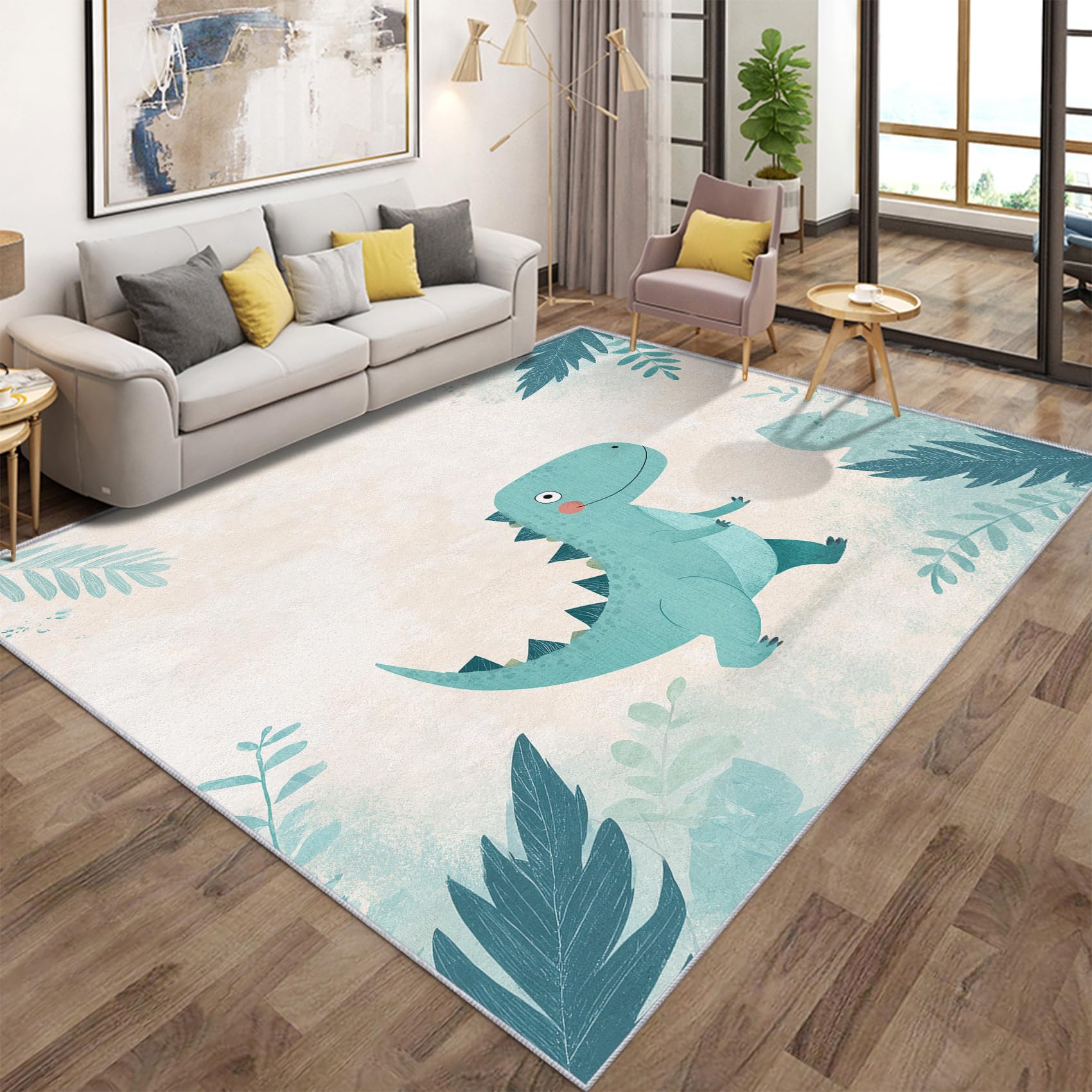 Generisch Dino Teppich Wohnzimmer 140x200, Kurzflor Teppich Schlafzimmer Dinosaurier Süße Cartoon Tier Wohnzimmerteppich Groß, Weich Flanell - Antirutsch Carpet H-7