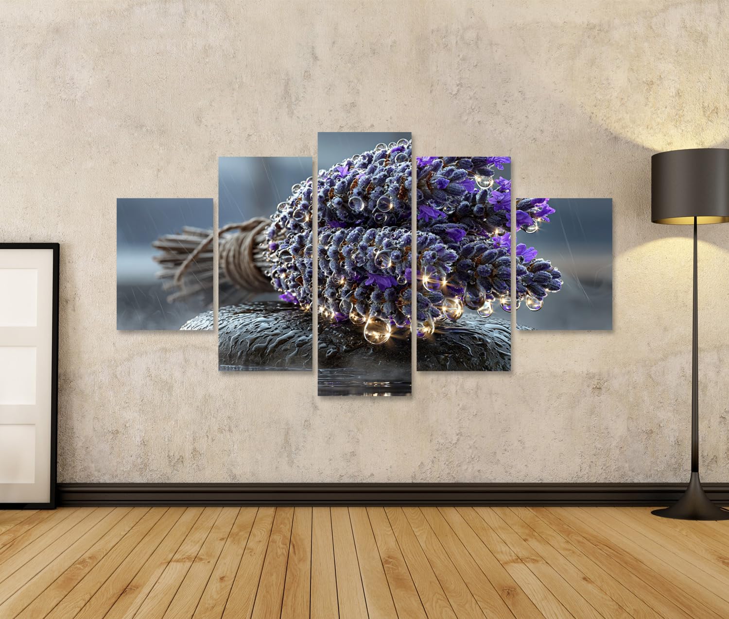 islandburner Cuadro sobre lienzo calmante lavanda sobre piedra jabonosa mural mural baño decoración para amantes de la relajación – 5 piezas
