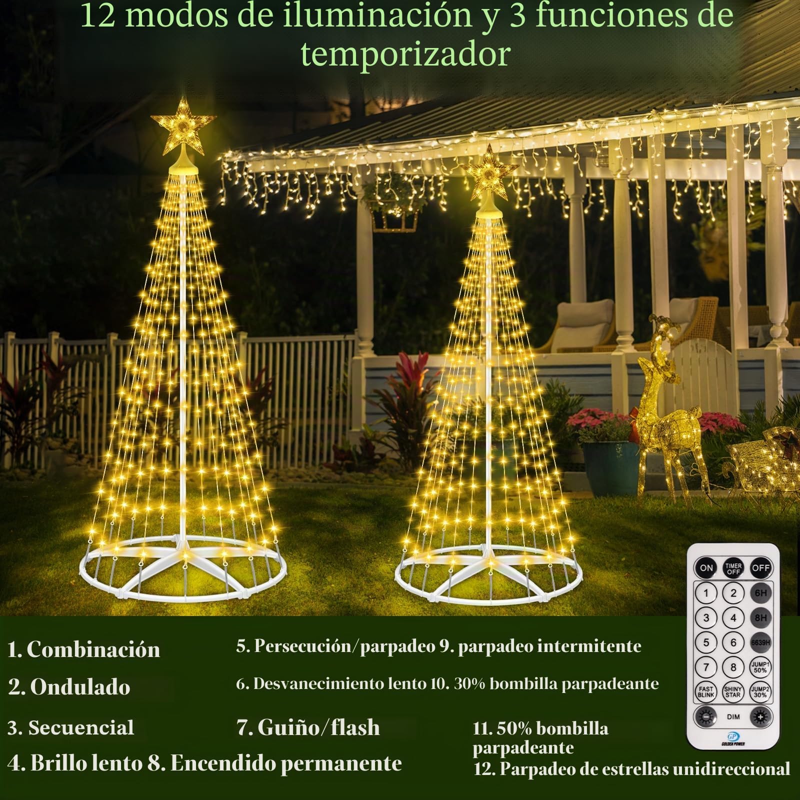 HELESIN 1,8 M, Luces de árbol de Navidad con Estrella, 250 Luces LED RGB para Exterior e Interior, 12 Modos, Decoraciones navideñas para Jardines Exteriores, Blanco Cálido