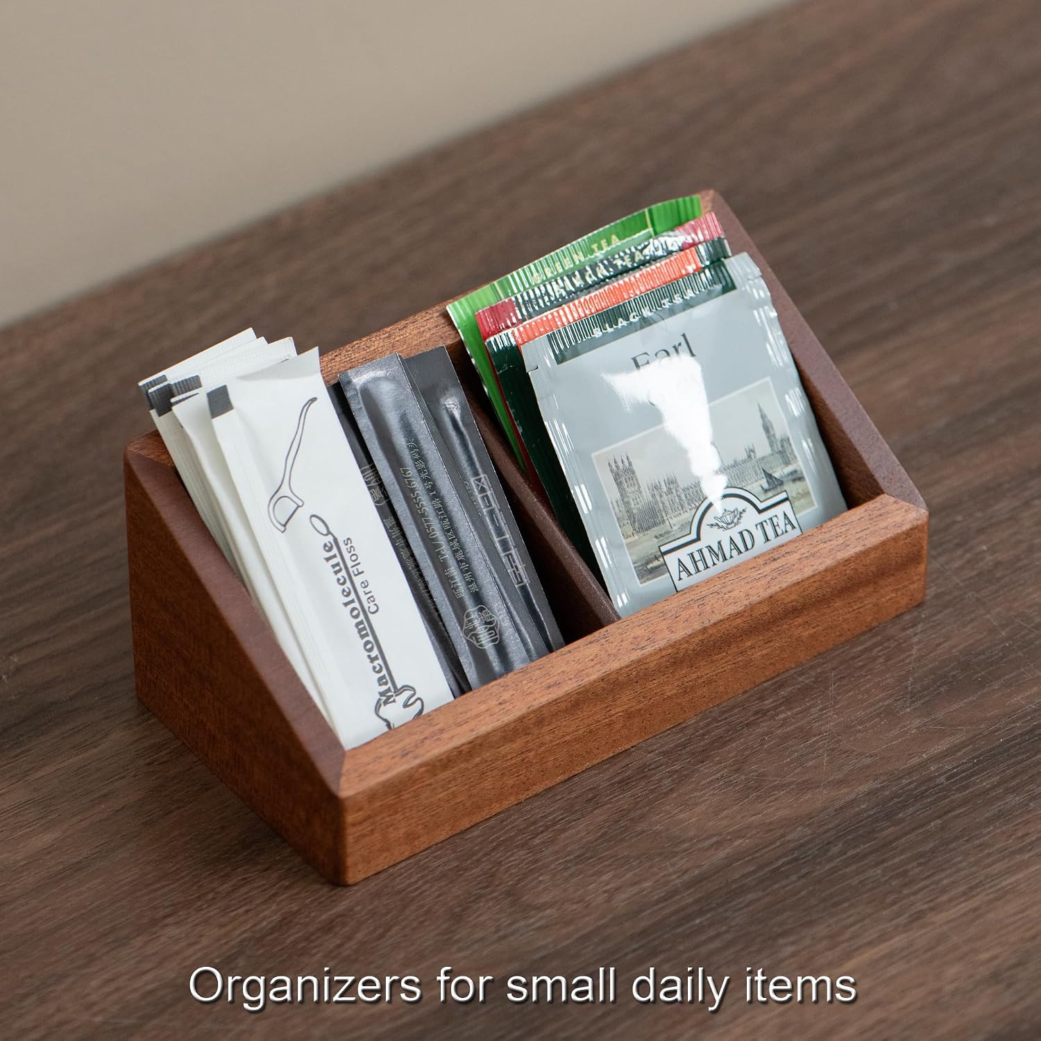 2 Slots Tea Bag Holder, Solid Wood Coffee Station Storage Caddy