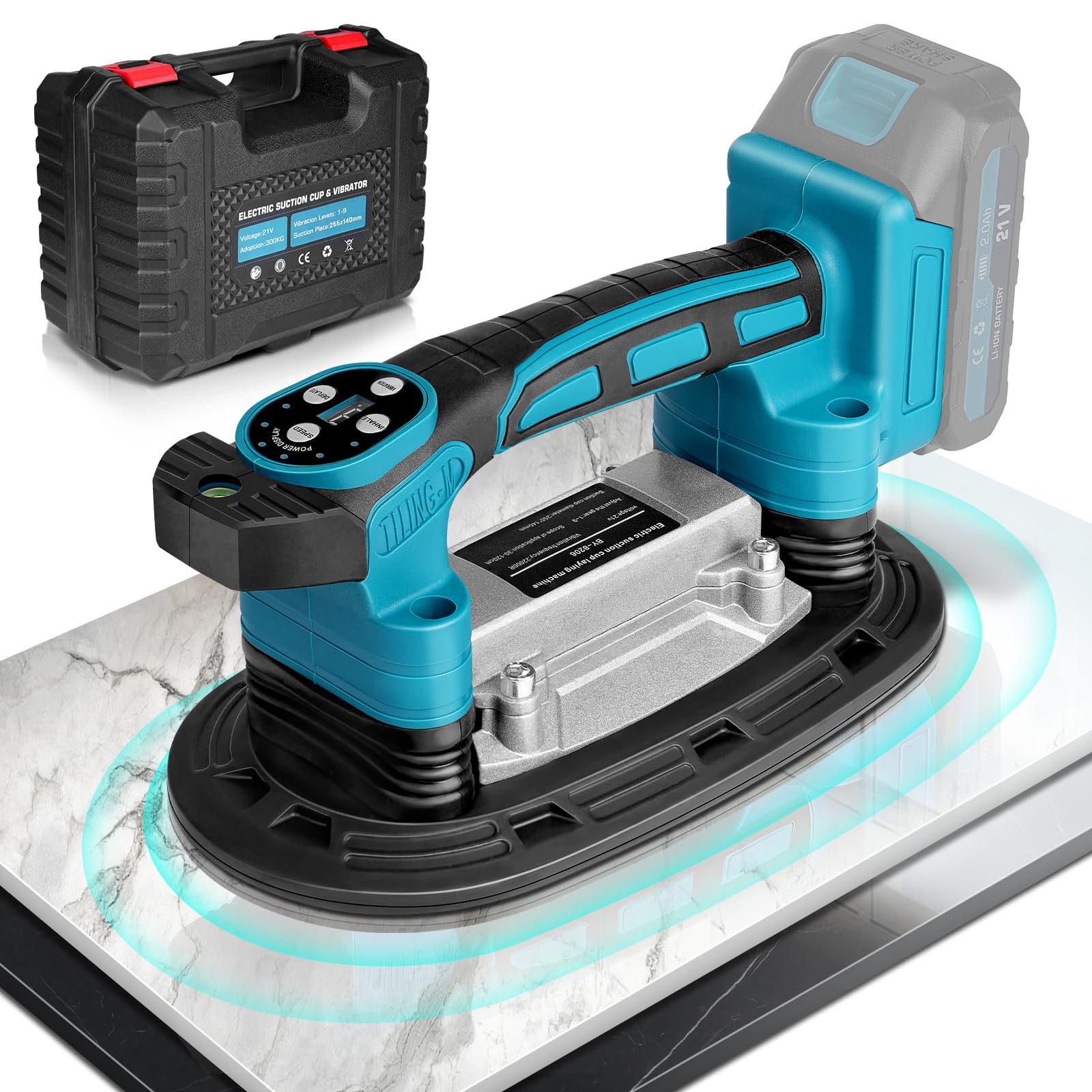 2 IN 1 Akku Fliesenrüttler & Saugnäpfen Kompatibel mit Makita 18V Akku, Fliesenvibrator mit 22.5x12 Saugnapf | 250KG Adsorption | 9 Gang Einstellbaren für 0.3-1.8m Fliesen Wandfliesen (Ohne Batterie)