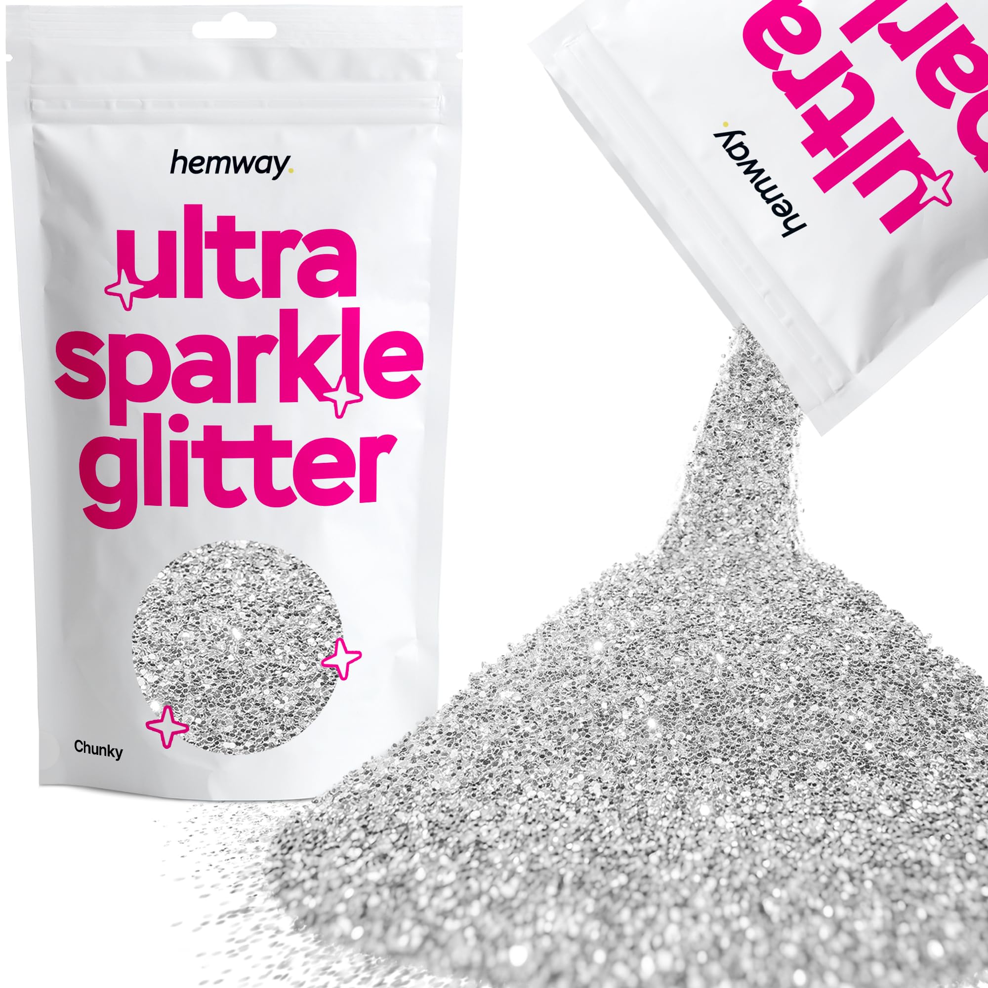 Premium Ultra Sparkle Glitter Multi Purpose Metallic Flake for Arts Crafts Nails Cosmetics Resin Festival Face Hair - Silver - Chunky (1/40" 0.025" 0.6mm) 100g / 3.5oz
