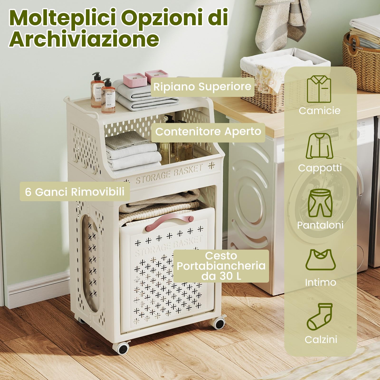 COSTWAY Cesto Portabiancheria Pieghevole con Ruote | Carrello Organizzatore per Bagno con Contenitore di Stoccaggio e Ganci, in Plastica a Più Strati