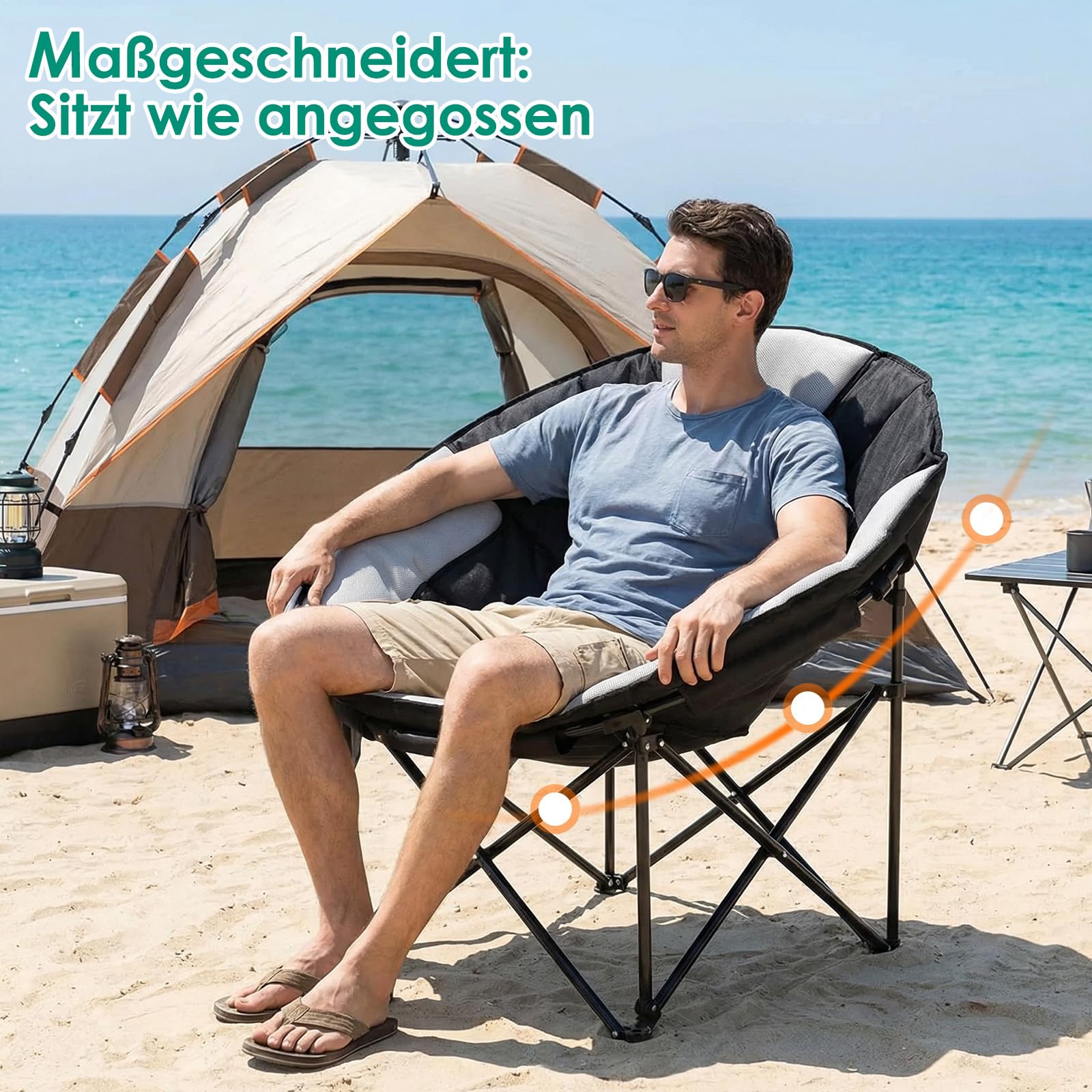 LIFERUN Sedia Pieghevole da Campeggio 150KG, Sedia da Campo Portatile, Moonchair XXL, con rete traspirante, Tasca Laterale, borsa per il trasporto, per Giardino, Spiaggia, Trekking, Pesca, Nero
