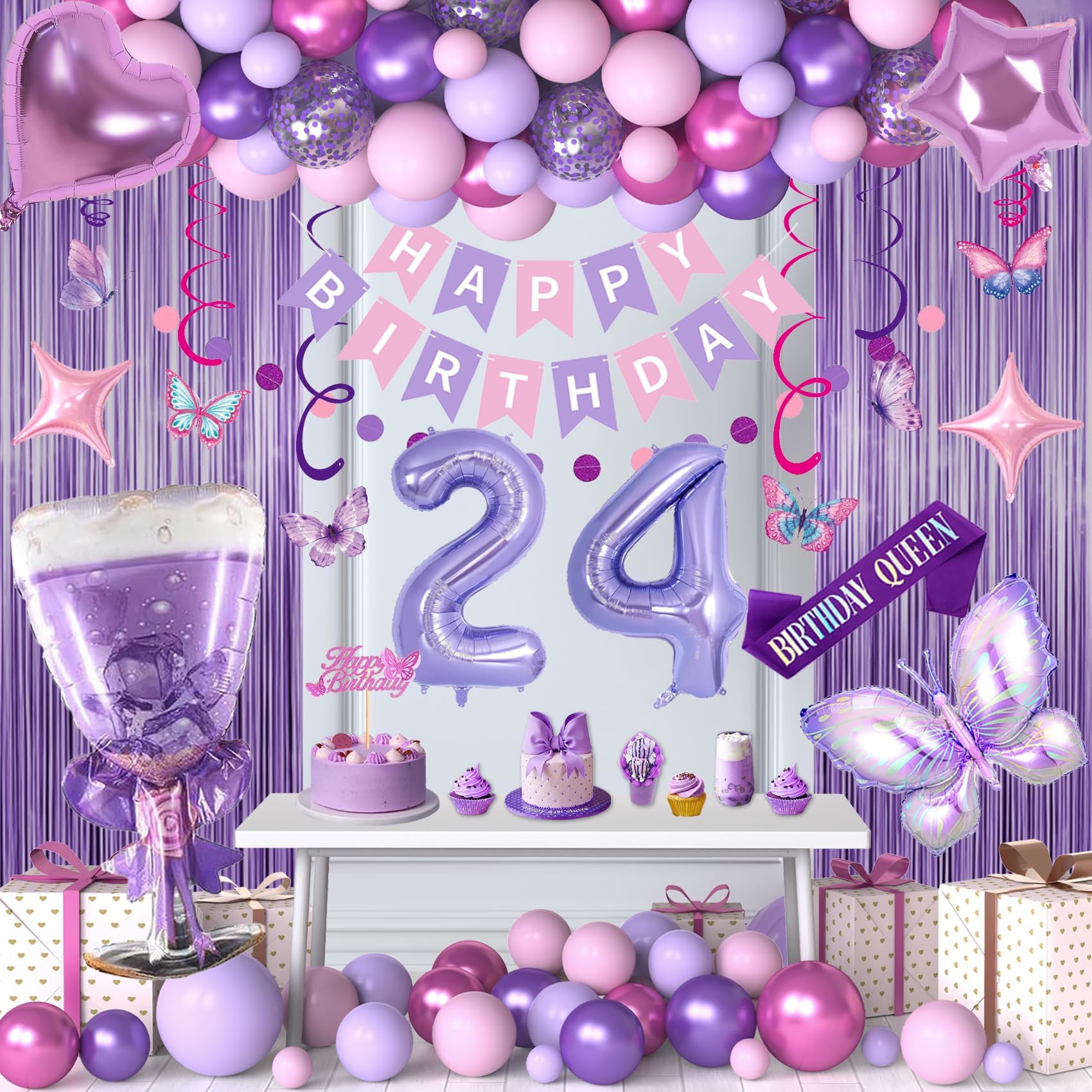 24th Purple Birthday Decorations, Pink Purple 24th Birthday Decorations for Women Girls Lavender Party Decor Set with Number Balloons, Foil Balloons,
