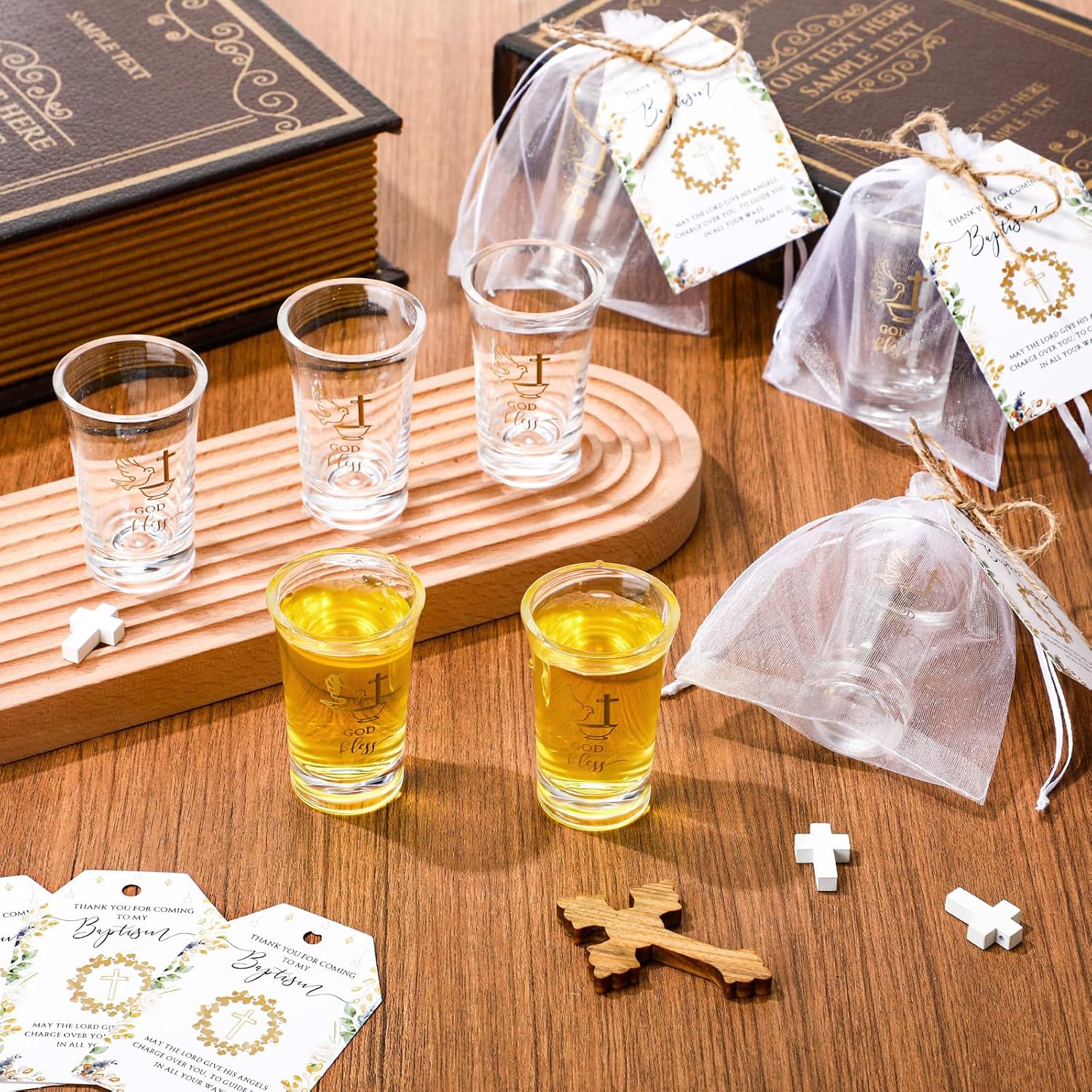 Roshtia 50 Sets Baptism Favors for Guests God Bless Shot Glasses with Thank You Tags and Bags Baptism Favors First Communion Christening Gifts Baby Shower Party Decorations
