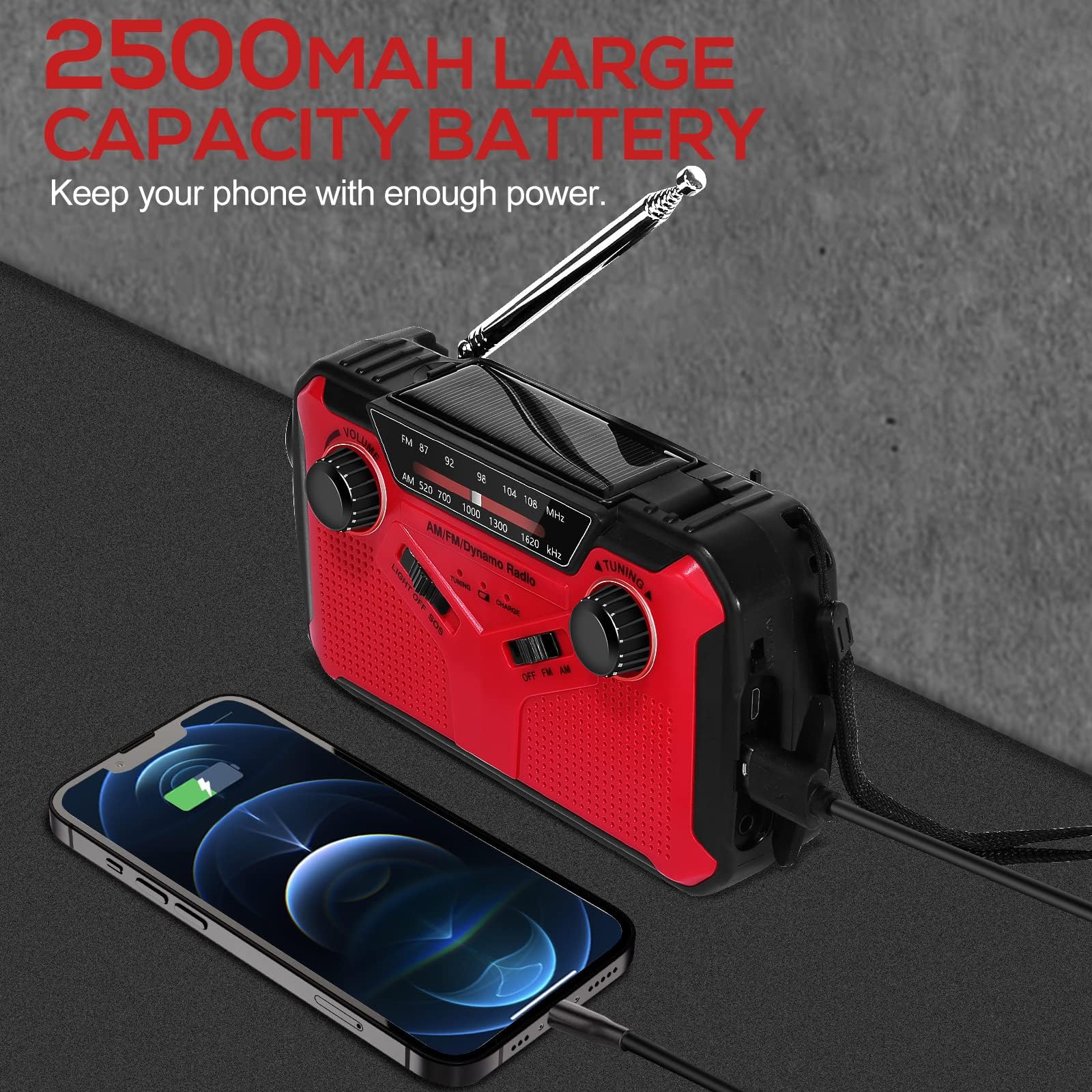 Radio Solaire Portable Radio d'urgence Météo 2500 mAh Radio à Manivelle avec AM FM Radio Dynamo Charge de Téléphone avec Lampe LED Alarme SOS Câble USB pour Randonnée Camping