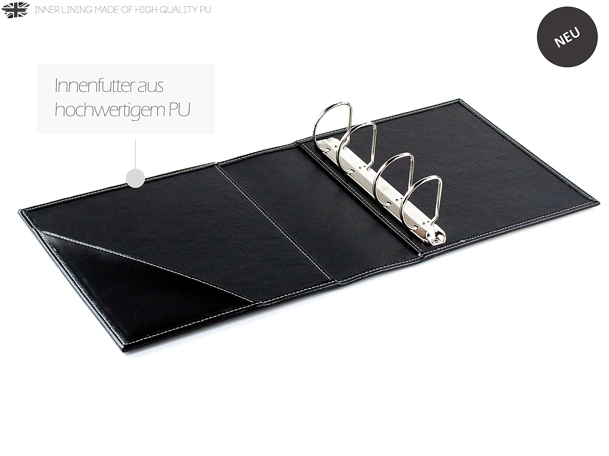 DELMON VARONE - Personalisierbarer Ringbuch-Ordner DIN A5 XXL Premium Cambridge Top Grain Leder Schwarz - Echtleder Dokumenten-Mappe zum Abheften von Urkunden & Akten - Ringbuch-Mappe mit Einsteckfach