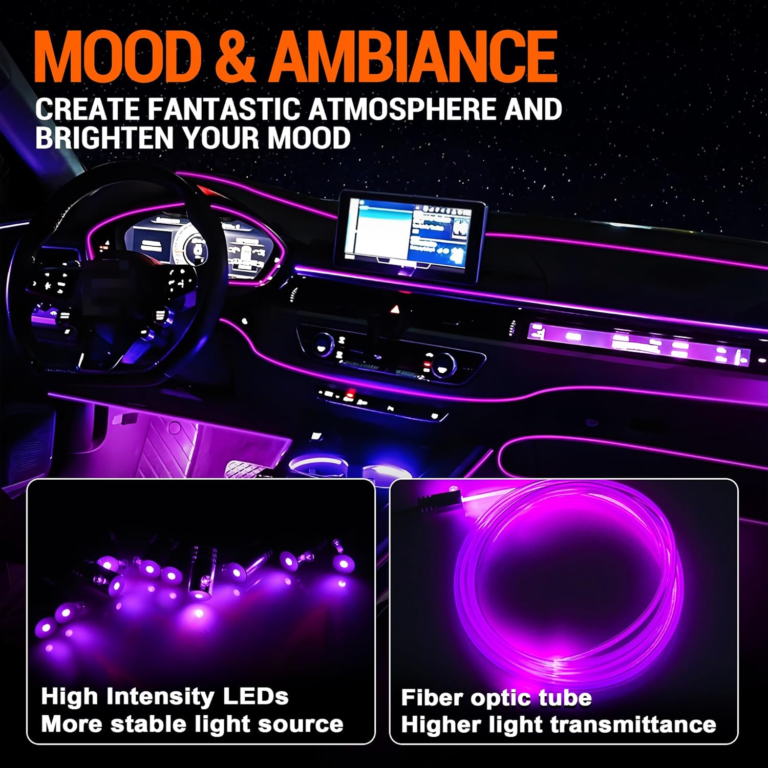 Interior Car LED Strip Lights, RGB 10-in-1 16 Million Colors Ambient Lighting Kit with 470 inches Fiber Optic Wireless APP & Remote Control Music Sync thumbnail