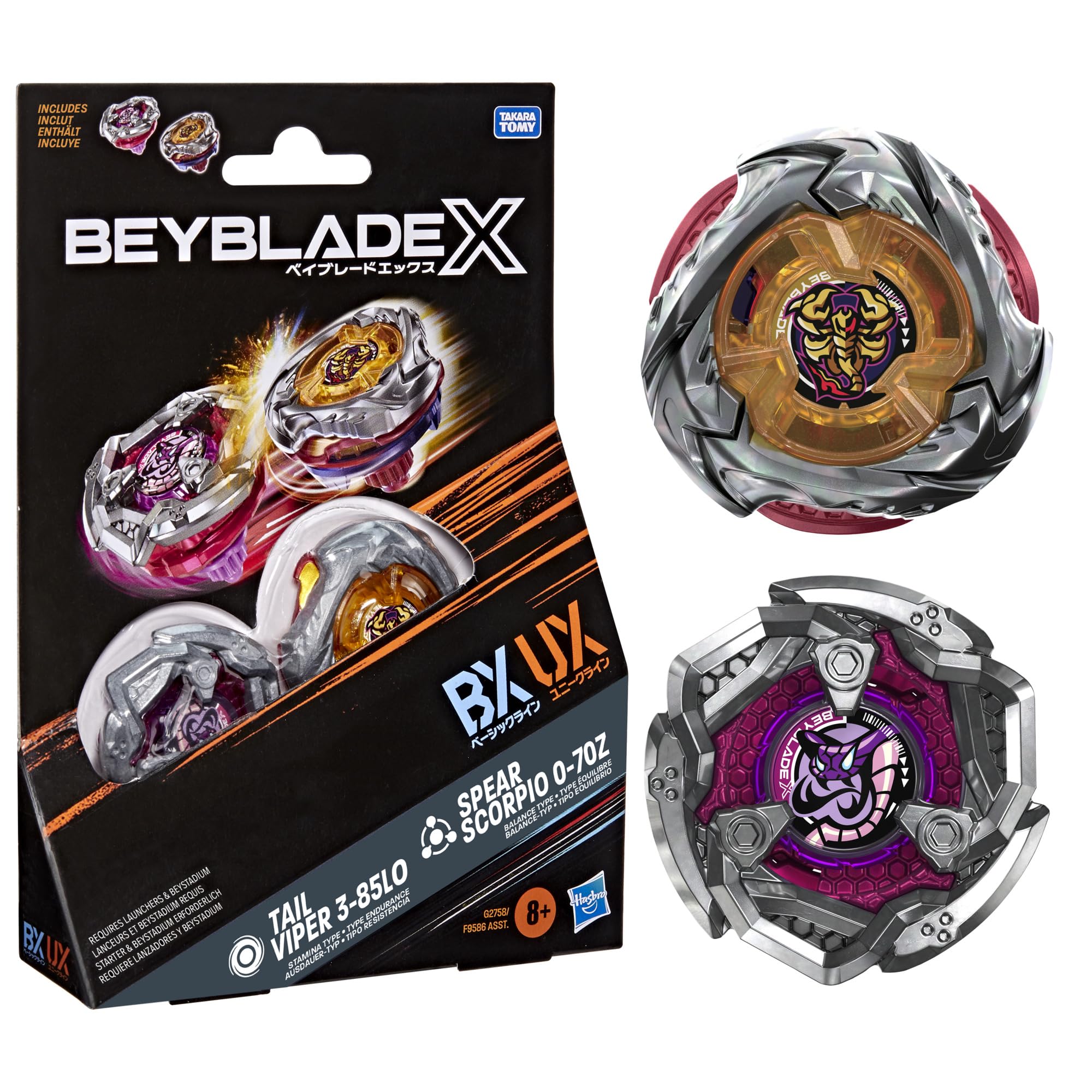 Beyblade X, Spear Scorpio 0-70Z UX y Tail Viper 3-85LO Bx, Pack Doble Takara Tomy con 2 Tops de rotación Derecha, Juego de Tops de Batalla, A Partir de 8 años