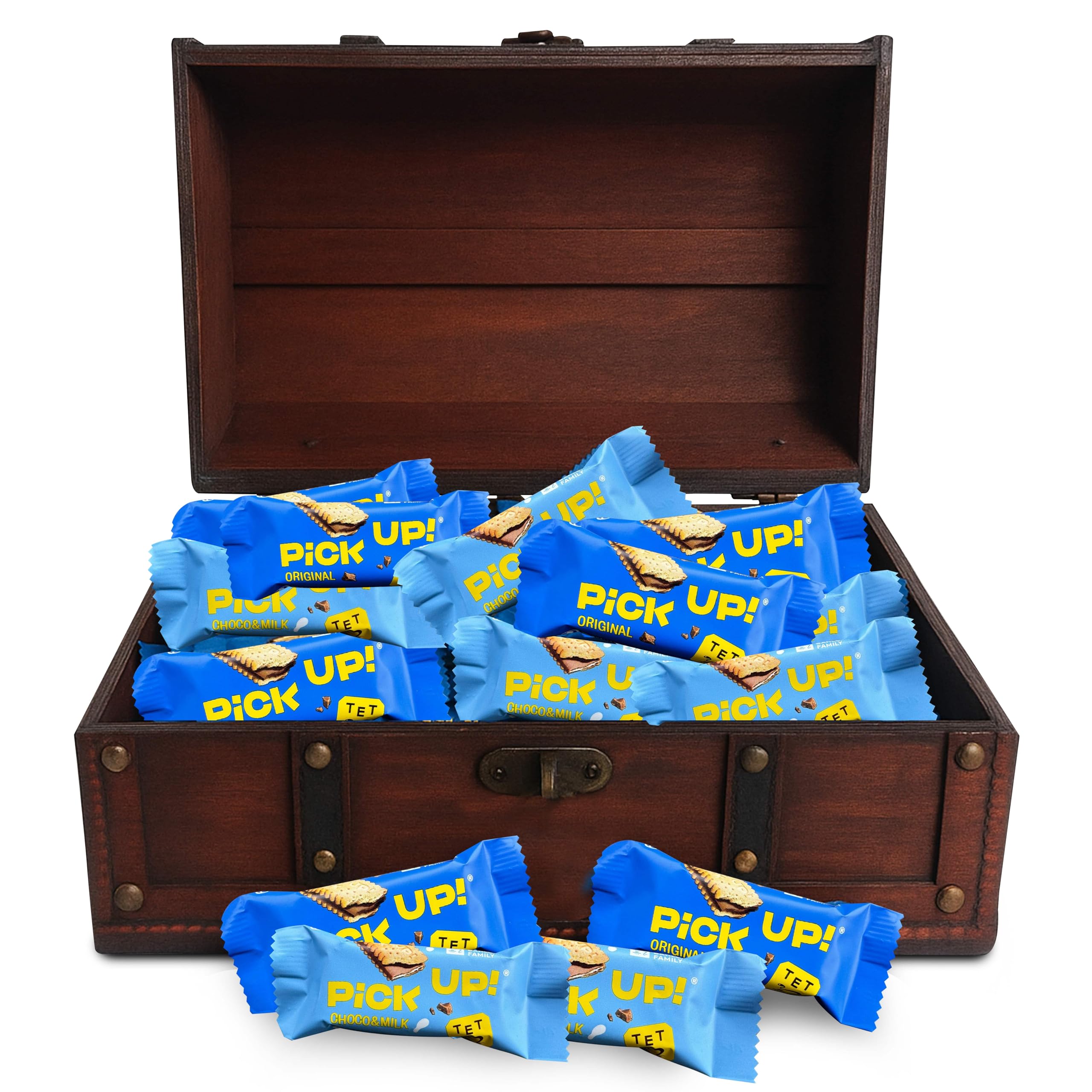 infinimo süßigkeiten Schatztruhe Kindergeburtstag gefüllt mit 100 Pick Up! Keksen (50x Choco & Milk und 50x Original, je 10,6g) (Ca. 2.5kg alle zusammen) - mit Schloss und Schlüssel - 30x20x15cm