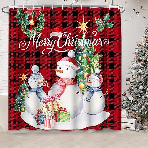 Miniatura 2 de ArtSocket Juego de baño de muñeco de nieve navideño con cortina de ducha y alfombras y accesorios, juego de cortinas de ducha a cuadros de búfalo,