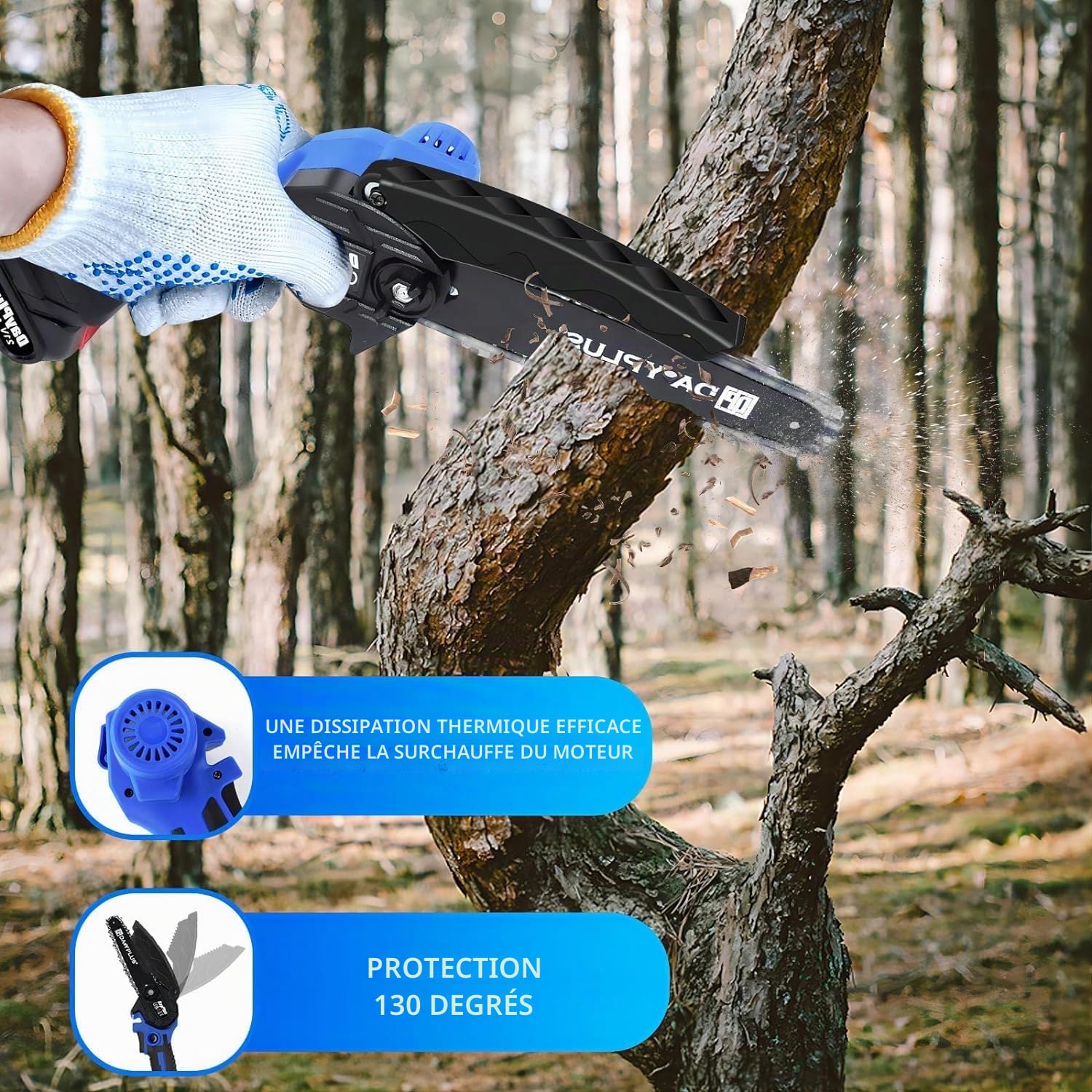 Tronçonneuse électrique super puissante et scie à bois à batterie avec aiguiseur - Outil de jardin avec une batterie Li-Ion et 2 chaînes, 2200W, longueur de la plaque de guidage de 15,2 cm
