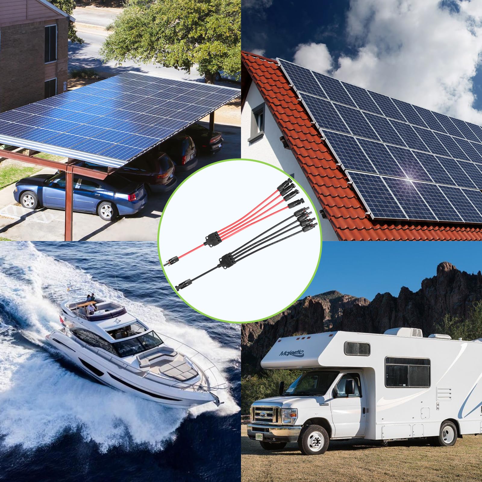 Conectores solares en Y de 1 a 4 conectores paralelos de panel solar, adaptador solar extralargo, kit de herramientas de enchufe de alambre (M/FFFF, F/MMMM)