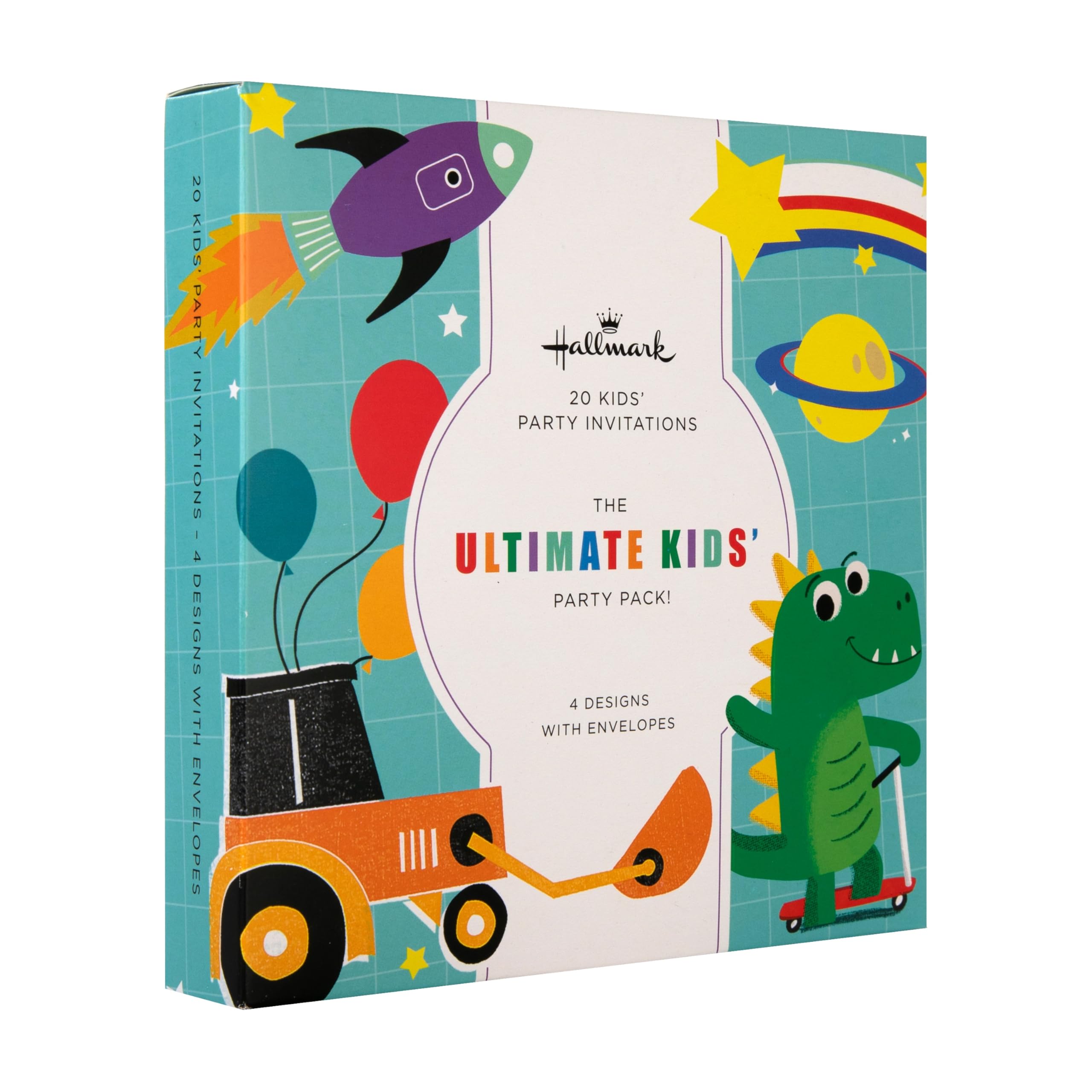 Hallmark Kids Party Invitations, Pack of 20, The Ultimate Kids' Party Pack, Cute, Boy Designs, Dinosaurs, Digger, Rocket Ship, Green, Blue