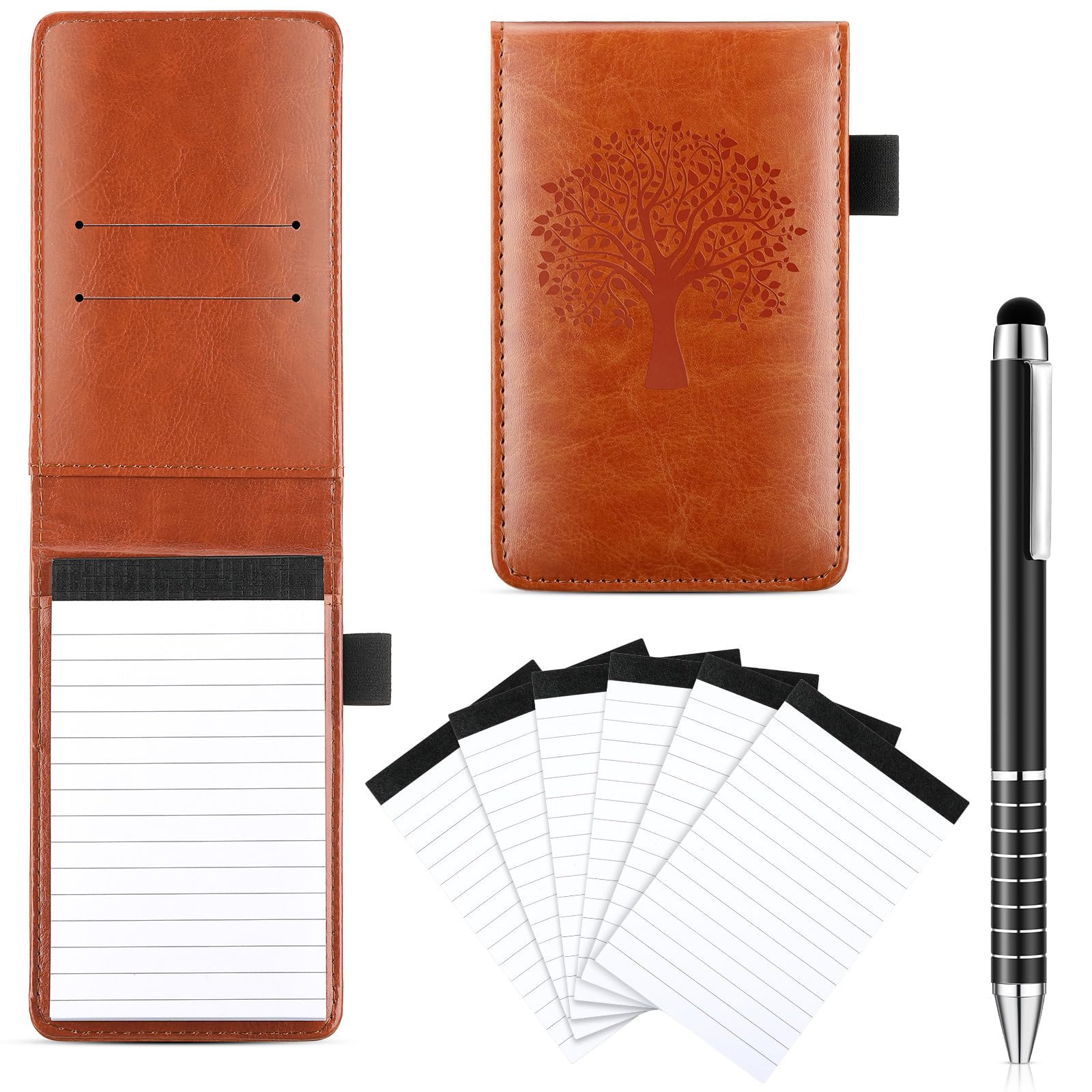 Teling 8 Pcs Mini Pocket Notepad Holder Set Leather Notepad Holder with Metal Pen Lined Sheet 6 Pcs 3 x 5 Inch Memo Book Refill for Office Restaurant