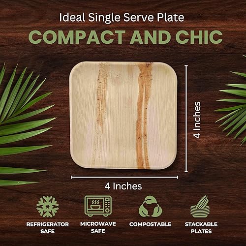 Miniatura 4 de Dtocs Platos de hoja de palma de 4 pulgadas cuadrados (50) – Platos de bambú pequeños de una sola porción aspecto desechable | Mini plato de cóctel,