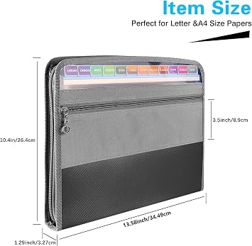 Expanding File Folder with Zipper Closure, 13 Pockets A4 Letter Size Document Wallet Organizer with Handy Front Pocket,Multicolor Labels for Personal Office Stationary Storage(Black)