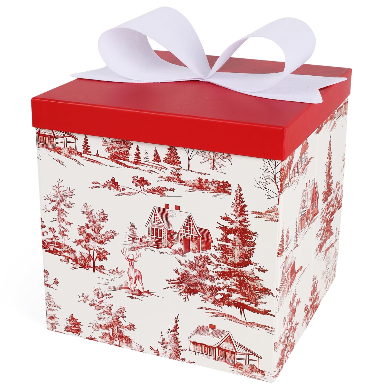 LaRibbons Large Christmas Gift Boxes with Lids, 10x10x10 Inches Winter Tree & Cabin Design Folding Square Gift Boxes for Holiday Decorative, Xmas,