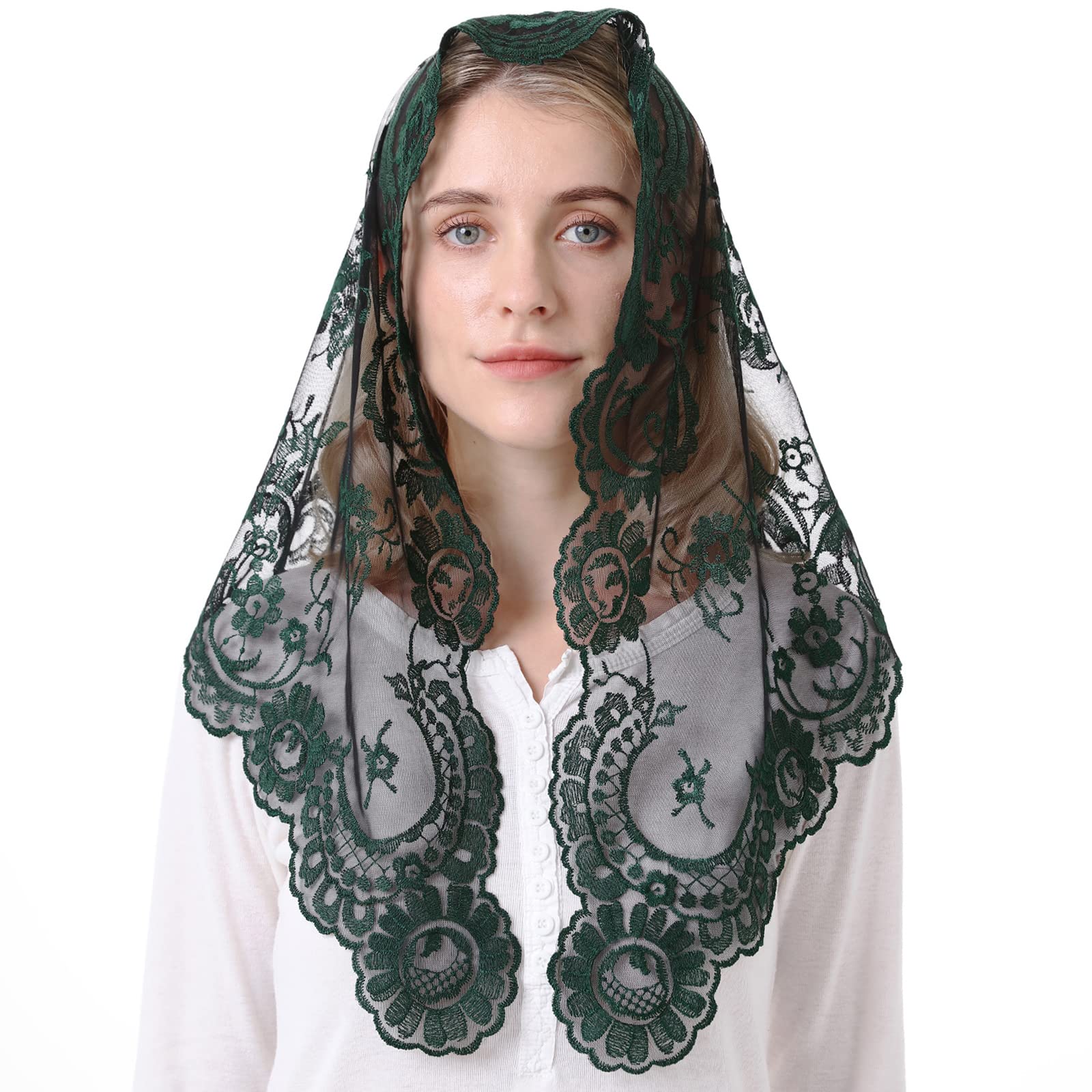 Spanish Mantilla Women's Green&Black Embroidery Lace Veils Catholic Church Mantillas Chapel Scarf Lace Mass, 47.3" Across By 23.6"