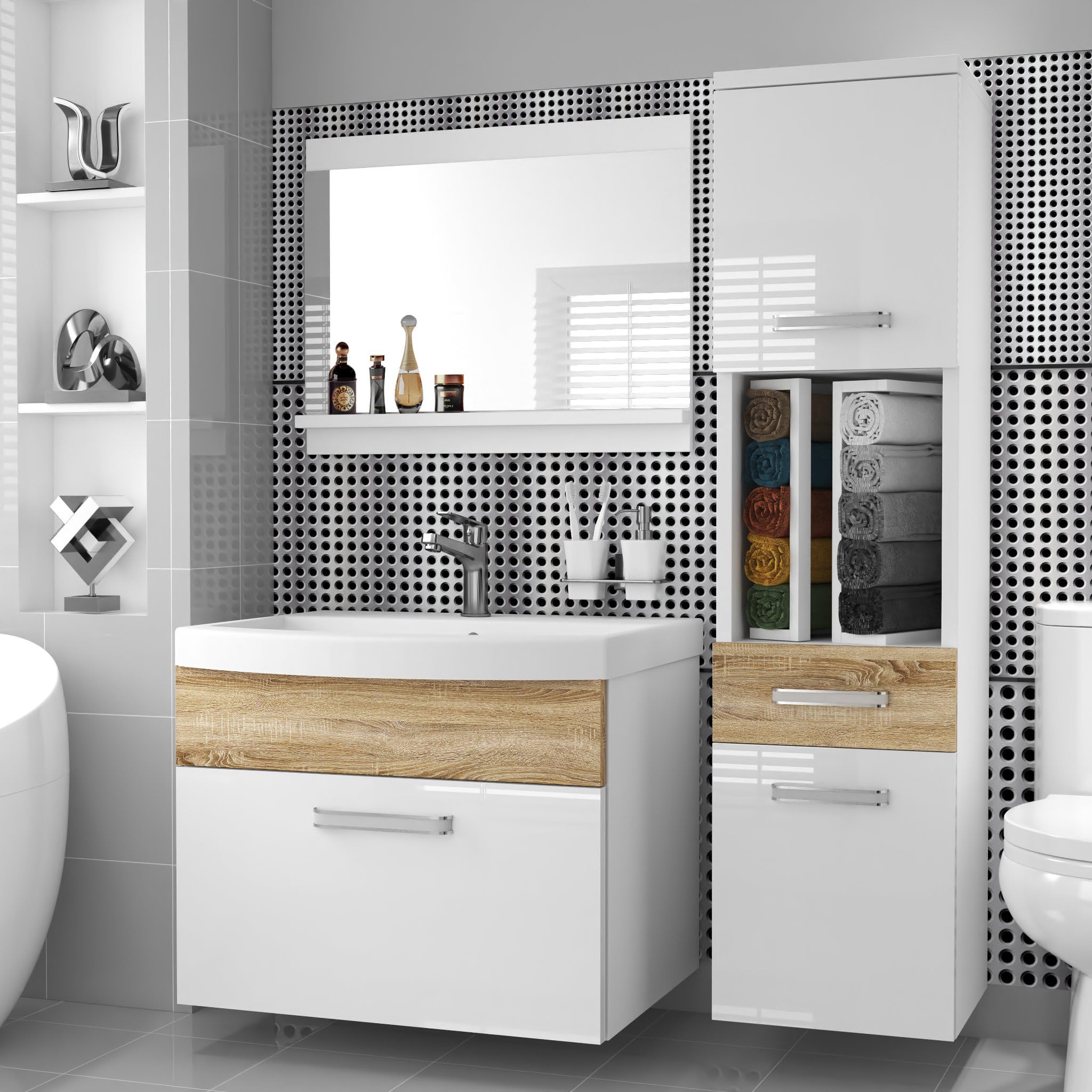 Belini PRIPM3 Szafka łazienkowa pod umywalkę 90 cm biało-dąb Sonoma | Meble łazienkowe Sonoma White-Dąb, montaż ścienny, mechanizm soft-close, panel drewniany FSC, umywalka i lustro w zestawie