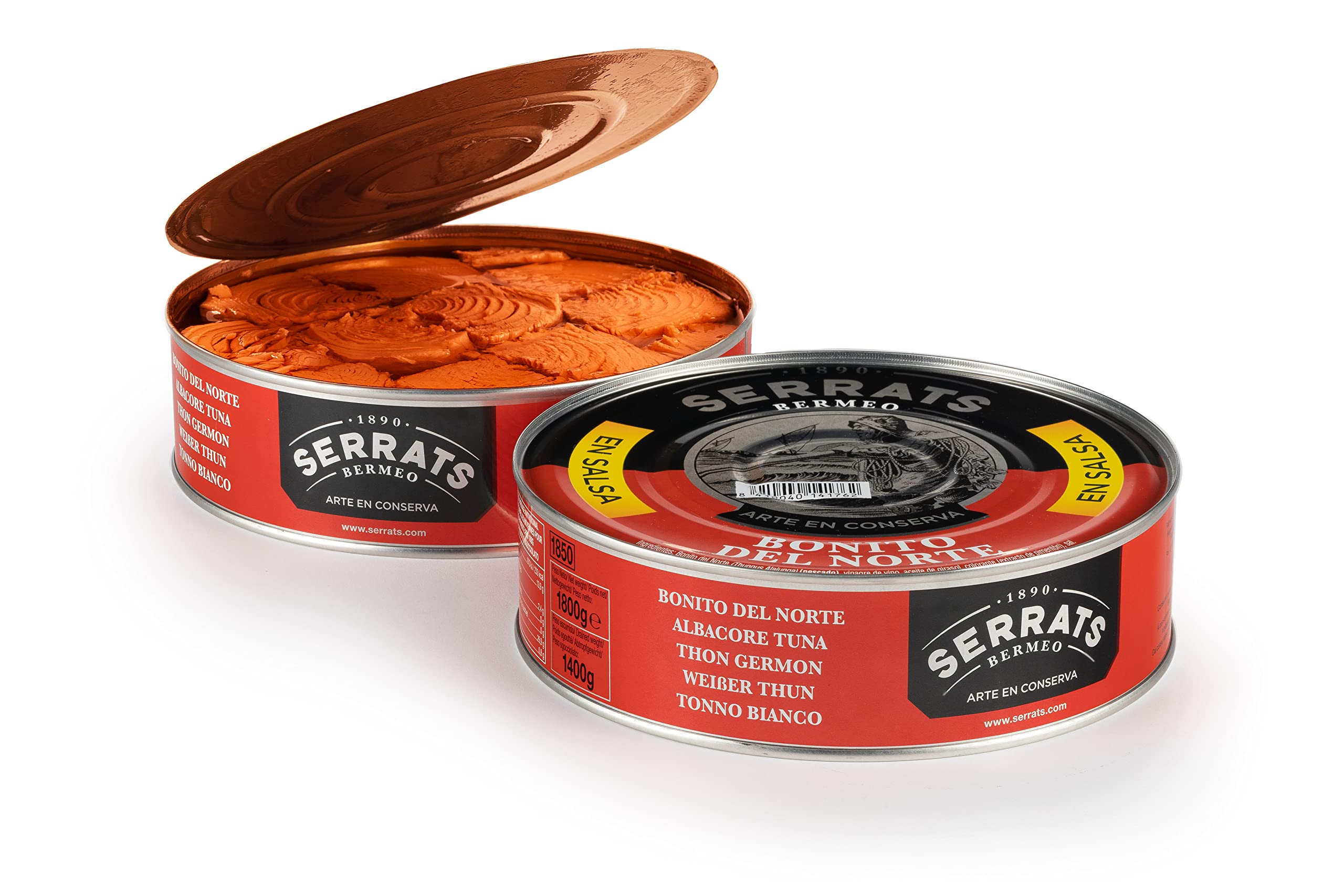 CONSERVAS SERRATS - Bonito del Norte del Cantábrico en Salsa con Pimentón - 4 Latas x 1800g (Total: 7200g) - Elaboración Artesanal desde 1890 - Sin Gluten - Rico en Omega 3