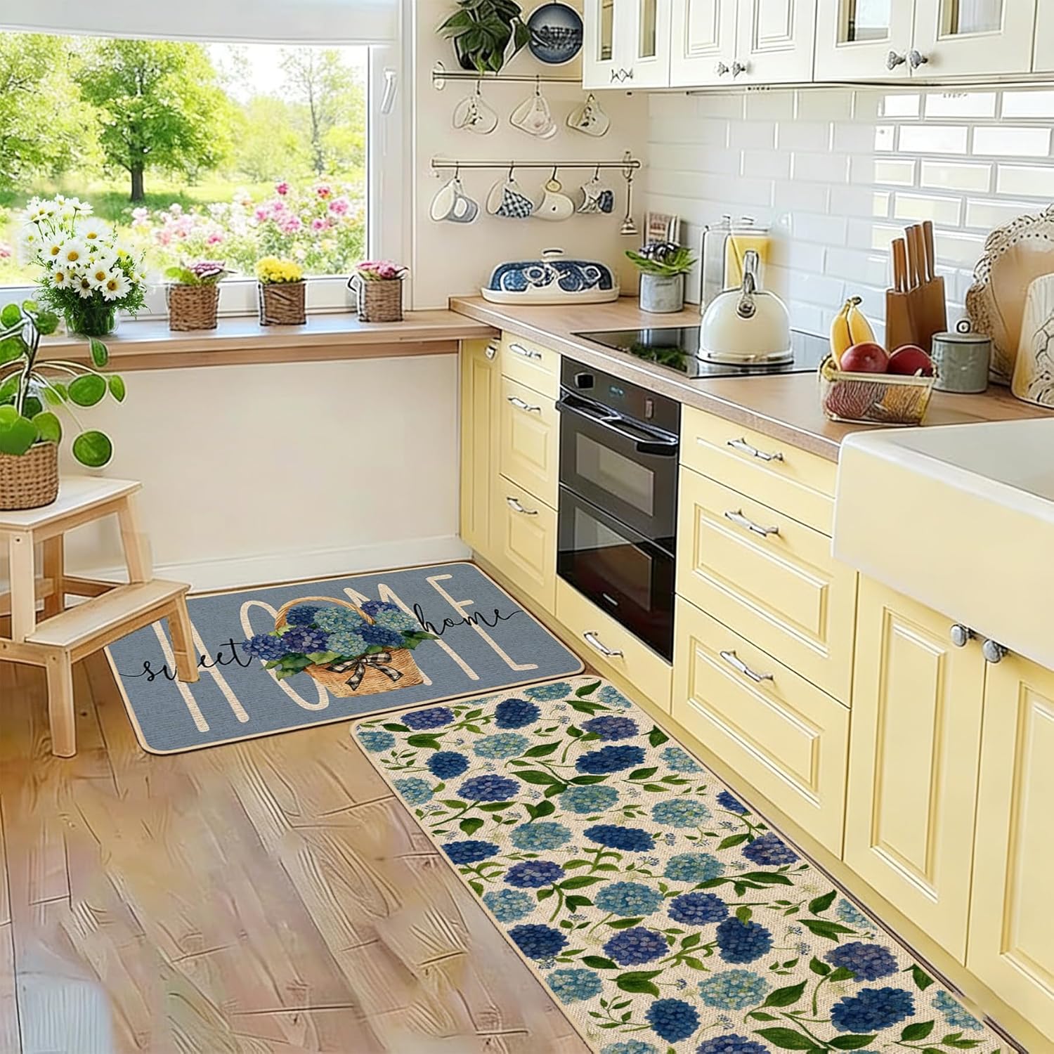 Baccessor Hydrangea Kitchen Rugs Set of 2, Home Sweet Home Floral Flowers Kitchen Mats for Spring Summer Floor Hallway Laundry Sink Low-Profile Home Decoration 17x29 and 17x47 Inch
