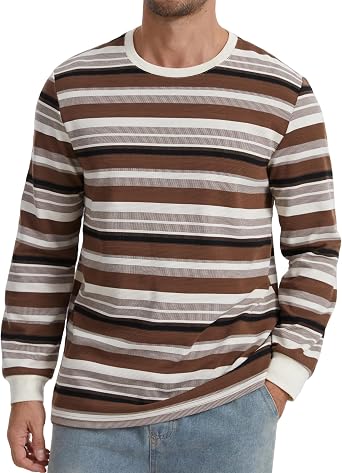 Mens Casual Striped Long Sleeved T-Shirt Cotton Blend Crewneck Shirts