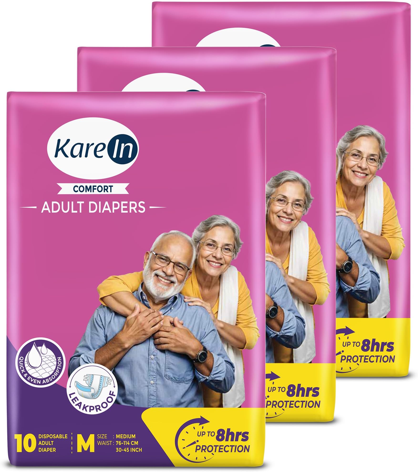 KareMed Comfort Adult Diapers, Medium, Waist Size 76-114 Cm (30"-45"), Tape Style, Unisex, High Absorbency, Leak Proof, Wetness Indicator, Pack of 3, 30 Count