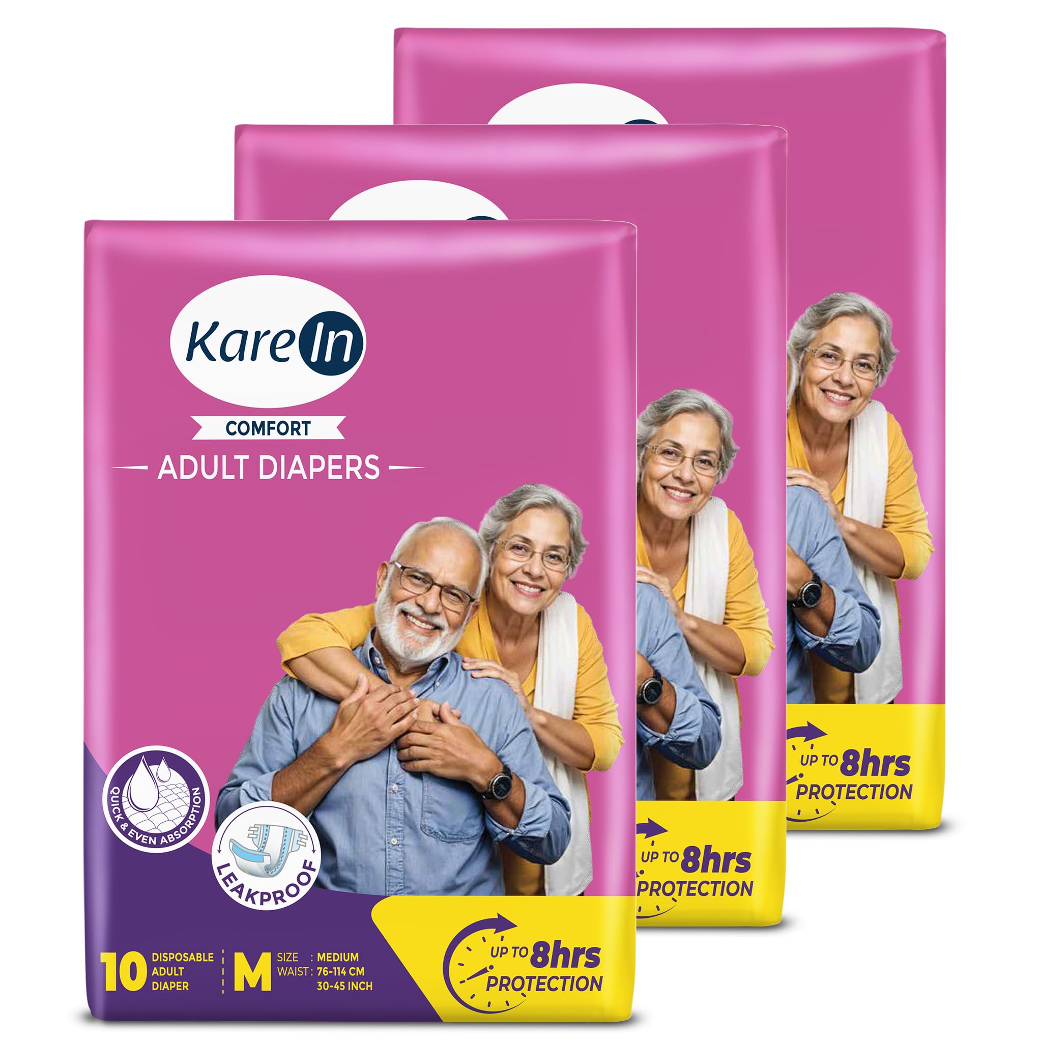 KareMed Comfort Adult Diapers, Medium, Waist Size 76-114 Cm (30"-45"), Tape Style, Unisex, High Absorbency, Leak Proof, Wetness Indicator, Pack of 3, 30 Count
