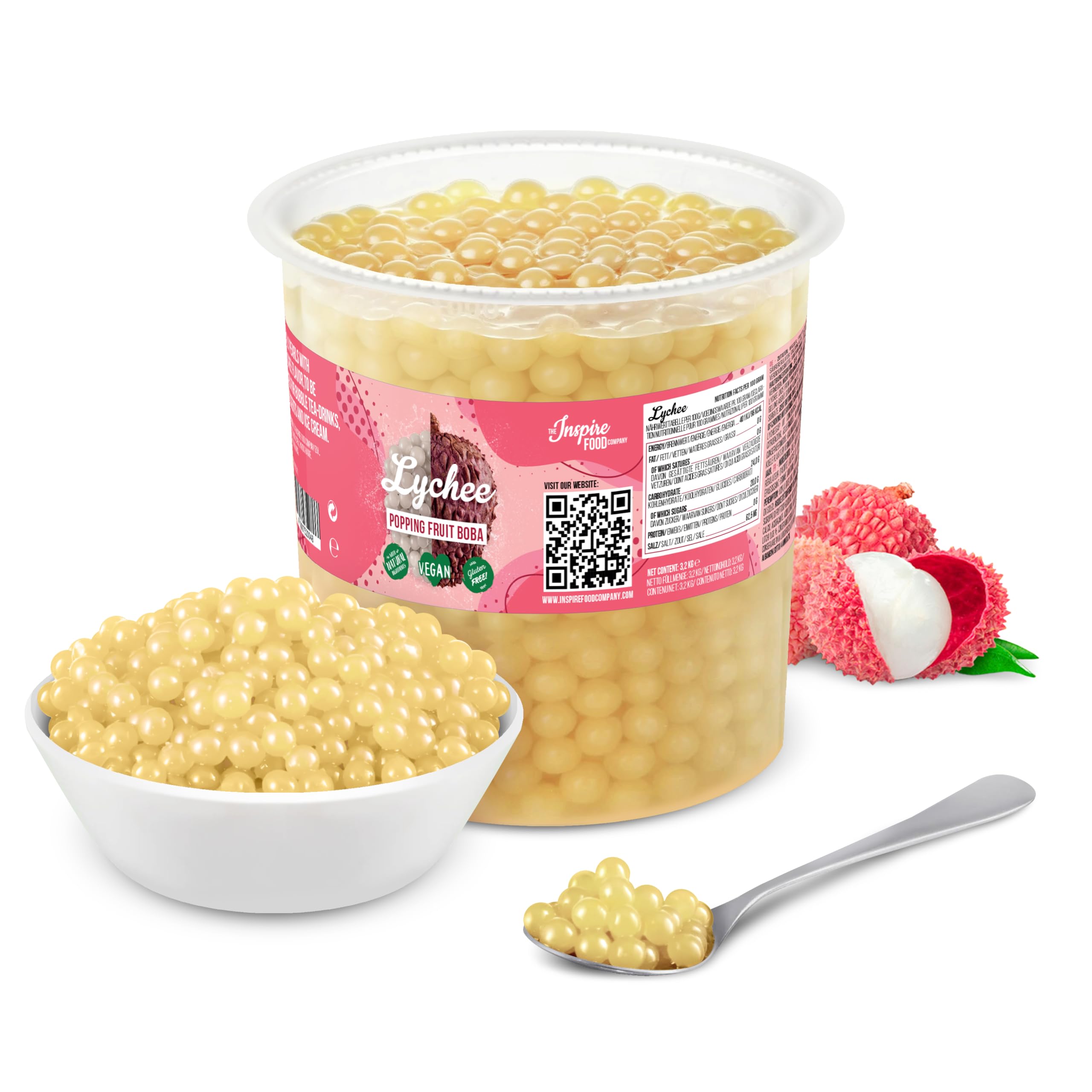 The Inspire Food Company Popping Boba Pearls for Bubble Tea - 3.2KG | Lychee | Bursting Pearls Bubble | Real Fruit Juice For Shakes, Dessert,Smoothie | 100% Vegan & Glutenfree, No Artificial Colors