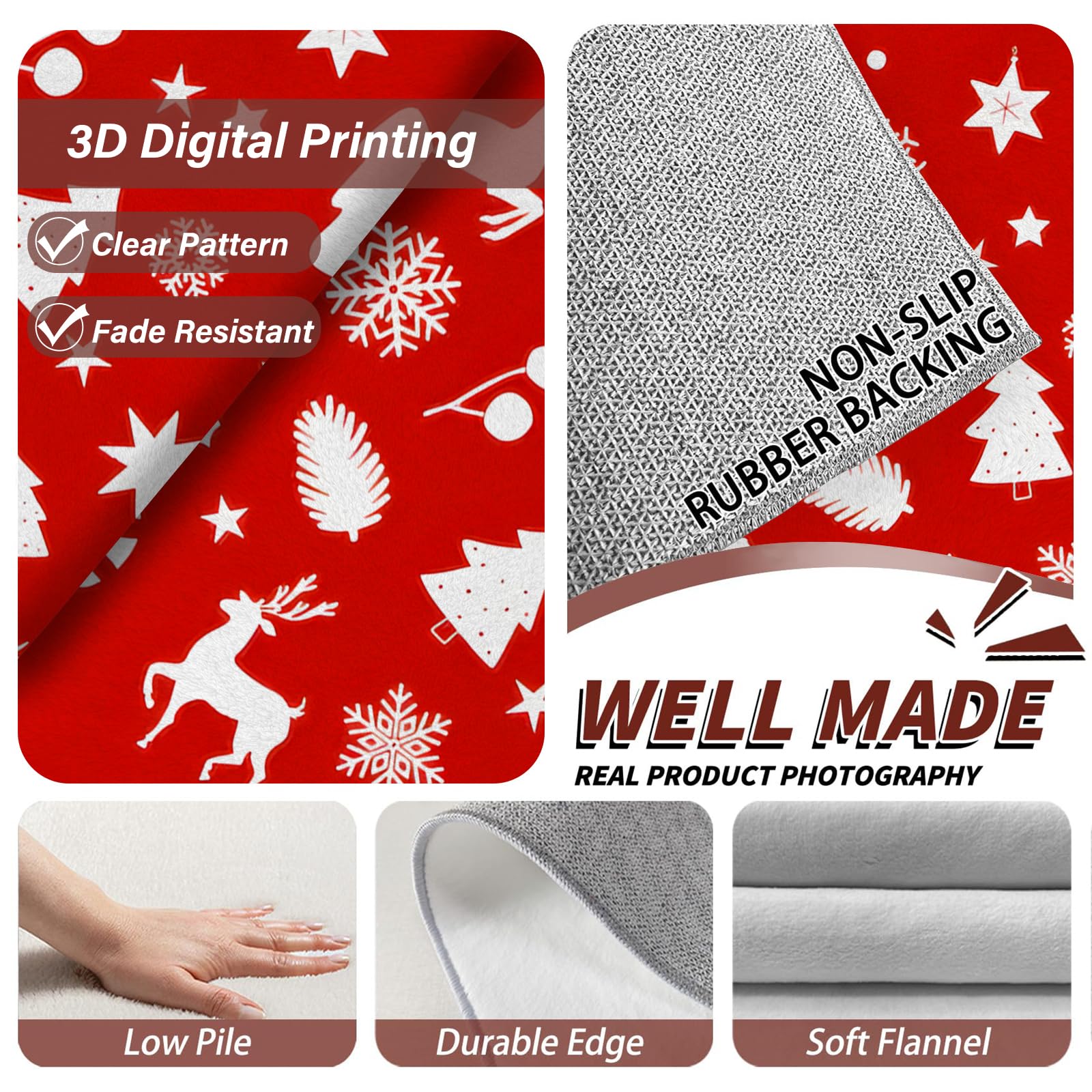 Großer waschbarer Kurzflor-Teppich 200x300, Weihnachten Teppich, Modern Rot Dünn Saugfähig Vielseitig für Wohnzimmer Schlafzimmer Oder Als Bettvorlege N73